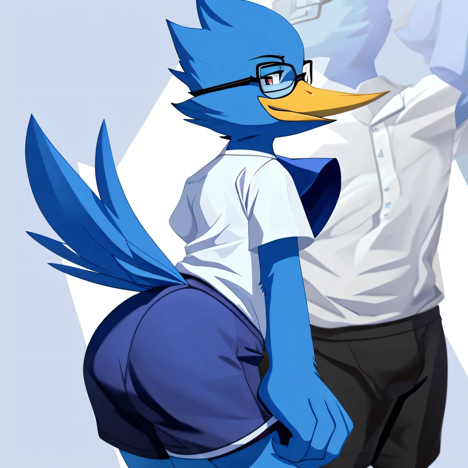 Berdly, Berdly from Deltarune, (masterpiece, high-quality, highres, 4k:1.0), male, 1boy, solo, blue body, (Tail only, tail focus, bird tail, blue bird tail, black shorts, side view, white shirt, short sleeves:1.0), white background, glasses, widen eyes, half closed eyes, smirk