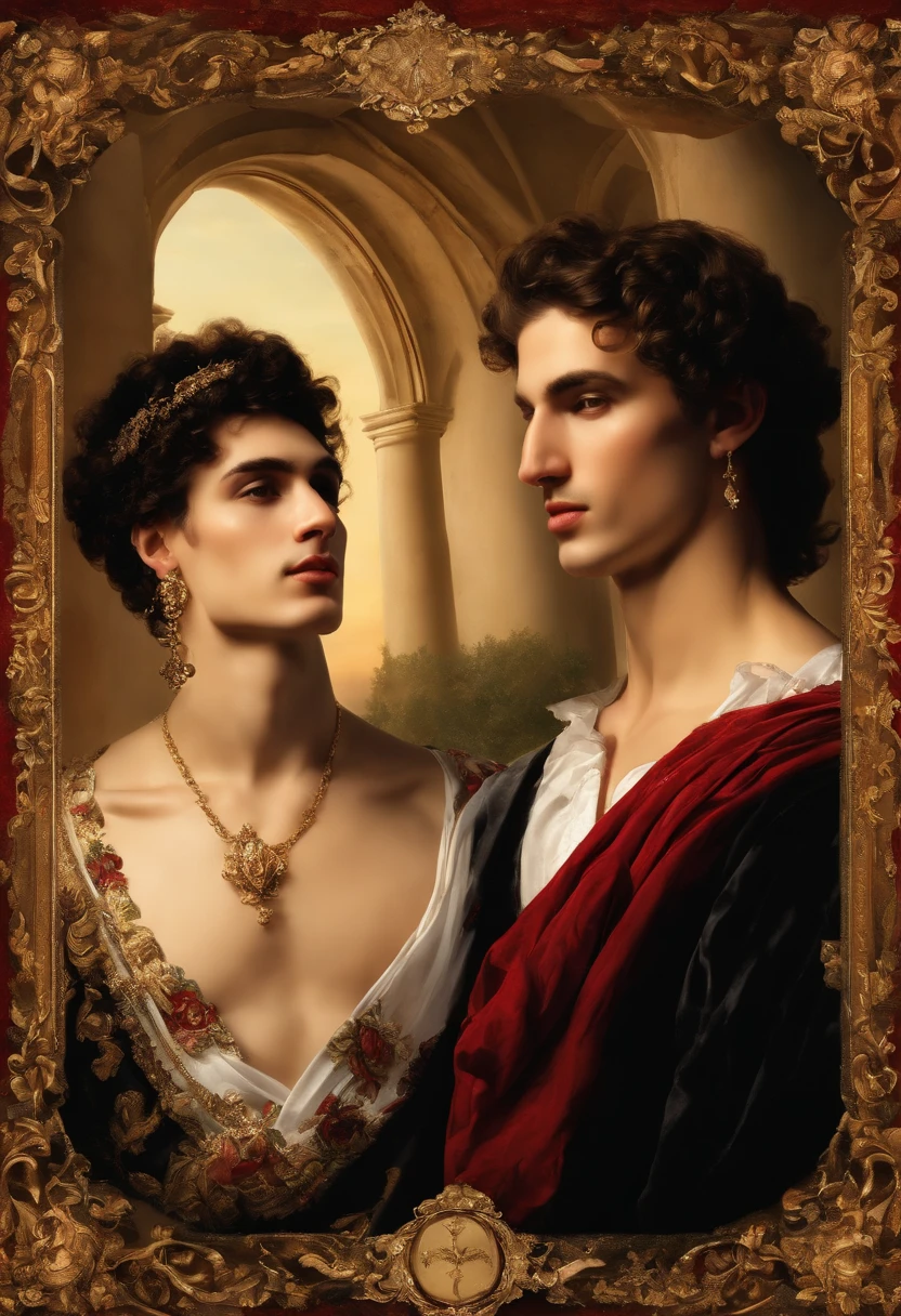 ((Baroque style painting of two men)) earrings and bracelets, beautiful and sensual young men, lascivious and mischievous face, dressed in red, black and gold clothes in the style of the Victorian Era, clear eyes, sexy and shapely mouth, hair long, silky, falling over the shoulders, ((looking at the camera)), ((Embracing each other in a garden with flowers and Greek columns)). Baroque painting