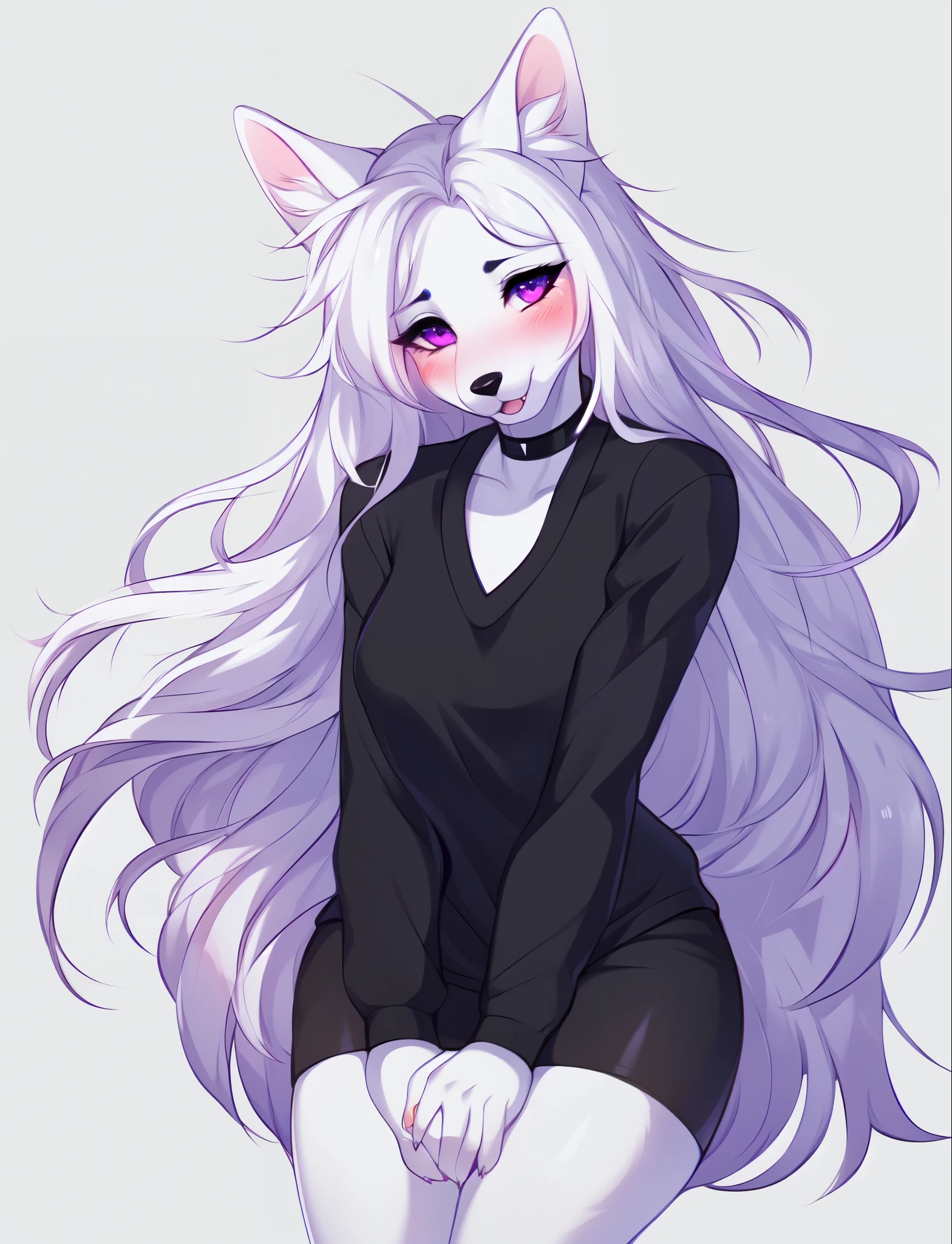 solo, female white wolf, beautiful detailed purple eyes, snout, by fumiko, by hyattlen, long white hair, hair parted in the middle, black eyebrows, white wolf ears, cute white wolf tail, black nose, wearing black choker, long black sleeve shirt underneath, black shorts, full body shot, bashful pose, shy pose, sad eyes, mouth open, hands together, slightly turning away from viewer, blushing, mouth slightly open, no background, white background, standing