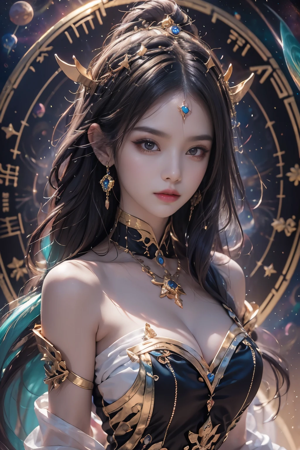 1 goddess of the zodiac from the future, wear the ao dai of the goddess of the zodiac to cover her chest, the goddess of the zodiac wears a bright yellow gold bodice, the goddess radiates a bright pink purple zodiac aura, the stars have the shape of the 12 zodiac signs, the goddess of the zodiac wearing a golden zodiac ao dai with many black details, the mythical goddess of the 12 zodiacs from the future, Zodiac sign ♏, zodiac style, dark and mystic version, Plump boobs, Red lips are balanced and very beautiful, character by karol bak and pino daeni, intricate details, detailed background, many object of background, extra highly detailed, magic lighting, a woman, clearly drawn face, beautiful face and symmetry eyes, big round eyes and very beautiful and detailed makeup, distant focus, silk clothing, mystic adornment, upper body portrait, arms loose, Realistic and vivid photo, (stars that make up the zodiac: 1.7), (zodiac sky background and fantasy portal of space and time: 1.8 ), fiction art, RAW images, style fantasy hanfu, long sleeves that cover 2 hands, 2 outstretched arms,