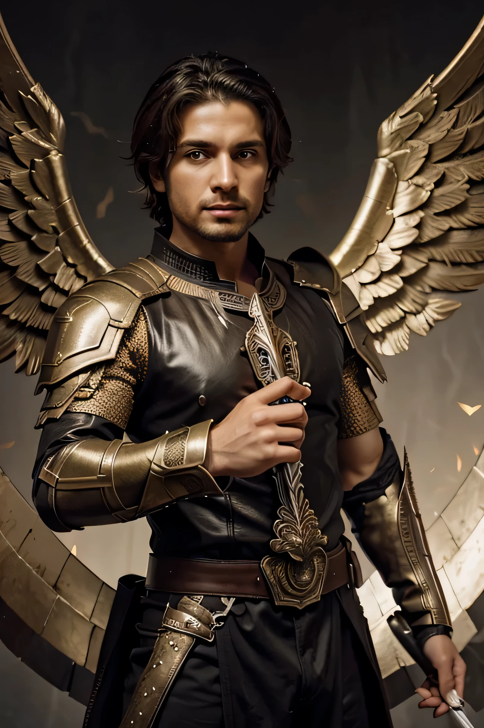 Create a guy who looks like a biblical archangel with a sword in one hand and the other pointing at you, no formato de video para o youtube