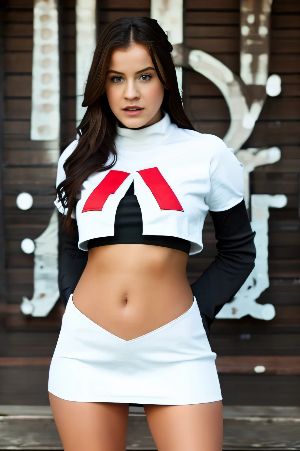 a Realistic photo of b4rb4r4p4lv1n woman wearing team rocket,team rocket uniform,white skirt,red letter R,crop top,black thigh-highs,black elbow gloves,