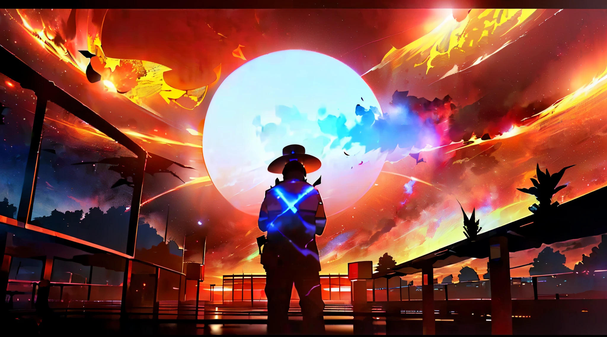 (((((inside a building, police station, Police outfit, night, red setting, huge red meteor))))), ((1men, Anime, Masterpiece, a men looks at a huge meteor in the sky, solo, from behind, Stars shine, the sun erupts, meteors fall)), from pixiv, anime wallpaper, big meteor, the biggest meteor, red explosion background, explosion patterns