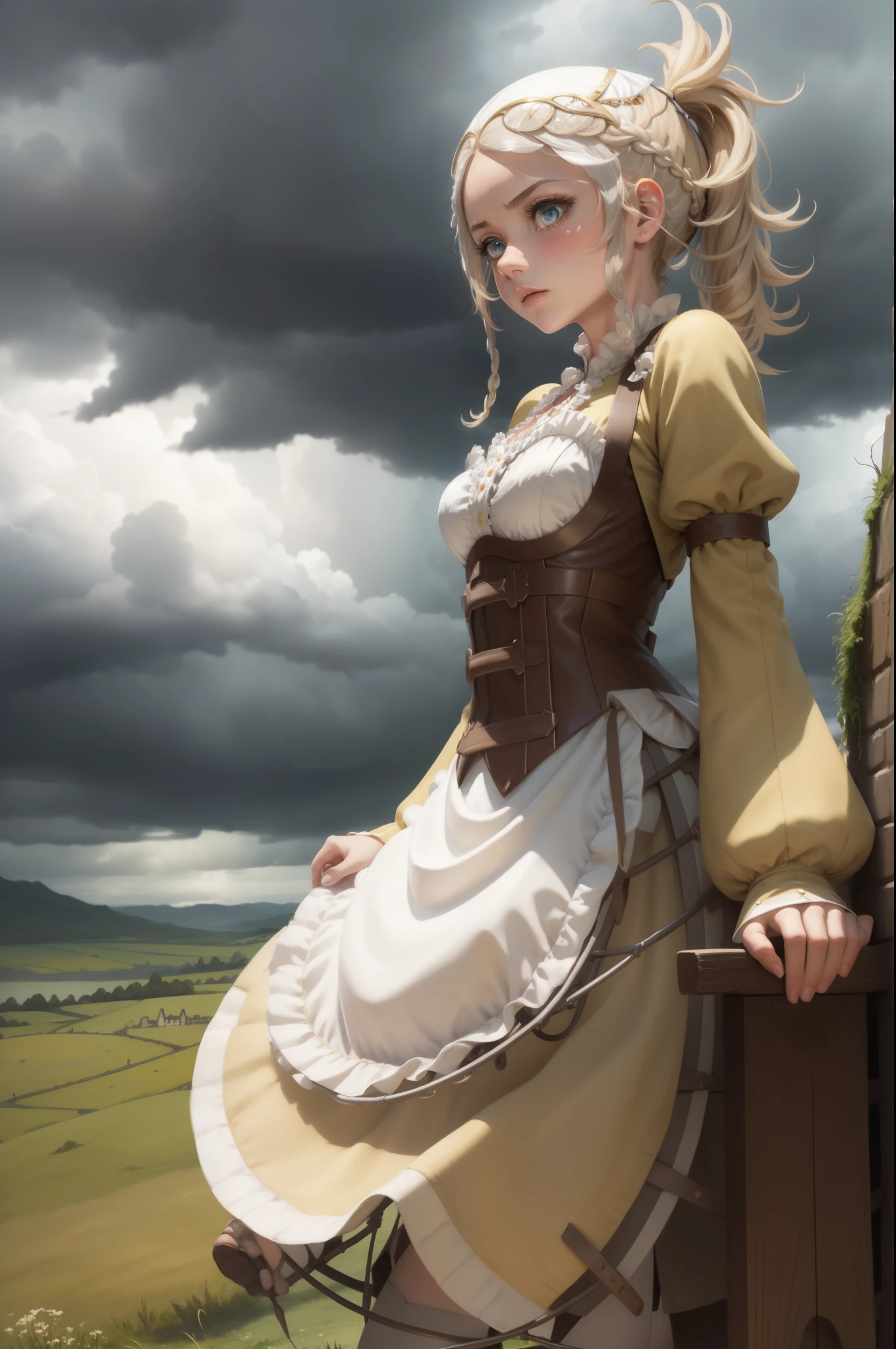 masterpiece, best quality, lissa, hair ornament, bonnet, frilled dress, white thighhighs, looking at viewer, worried, upper body, (hands to own chest), from side, grass, field, castle in distance, storm clouds, gray sky 