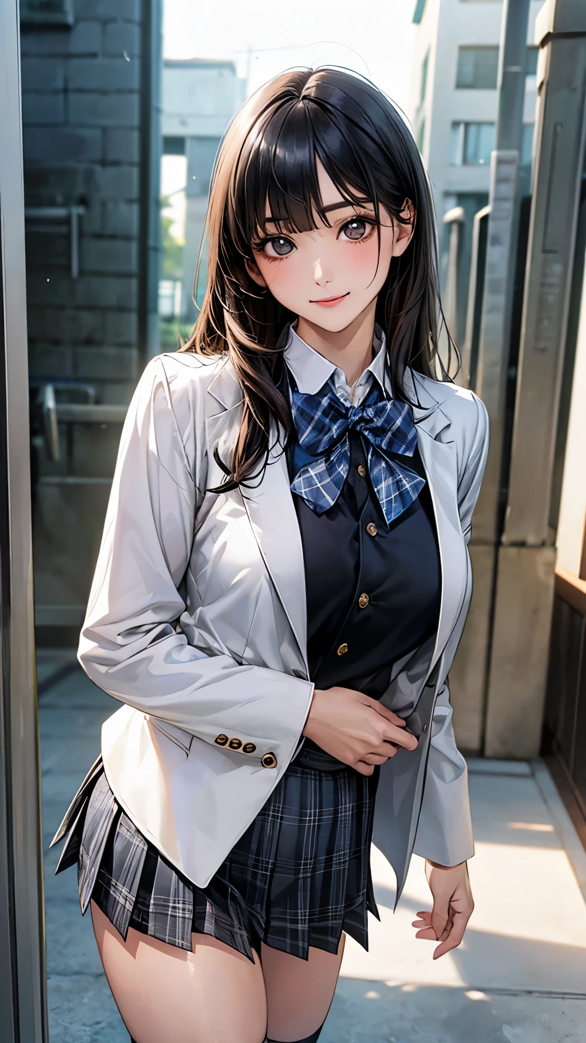 (masterpiece:1.2, top-quality), (realistic, photorealistic:1.4), beautiful illustration, (natural side lighting, movie lighting), nsfw, 
looking at viewer, cowboy shot, front view:0.6, 1 girl, japanese, high school girl, perfect face, cute and symmetrical face, shiny skin, 
(long hair:1.8, straight hair:1.7, black hair), blunt bangs, gold eyes, long eye lasher, (large breasts:0.8, thick thighs), 
beautiful hair, beautiful face, beautiful detailed eyes, beautiful clavicle, beautiful body, beautiful chest, beautiful thigh, beautiful legs, beautiful fingers, 
((white collared shirts, black jacket, dark grey pleated mini skirt, black socks, black loafers, blue plaid bow tie)), 
(beautiful scenery), evening, riverside, standing, (lovely smile, upper eyes), 
