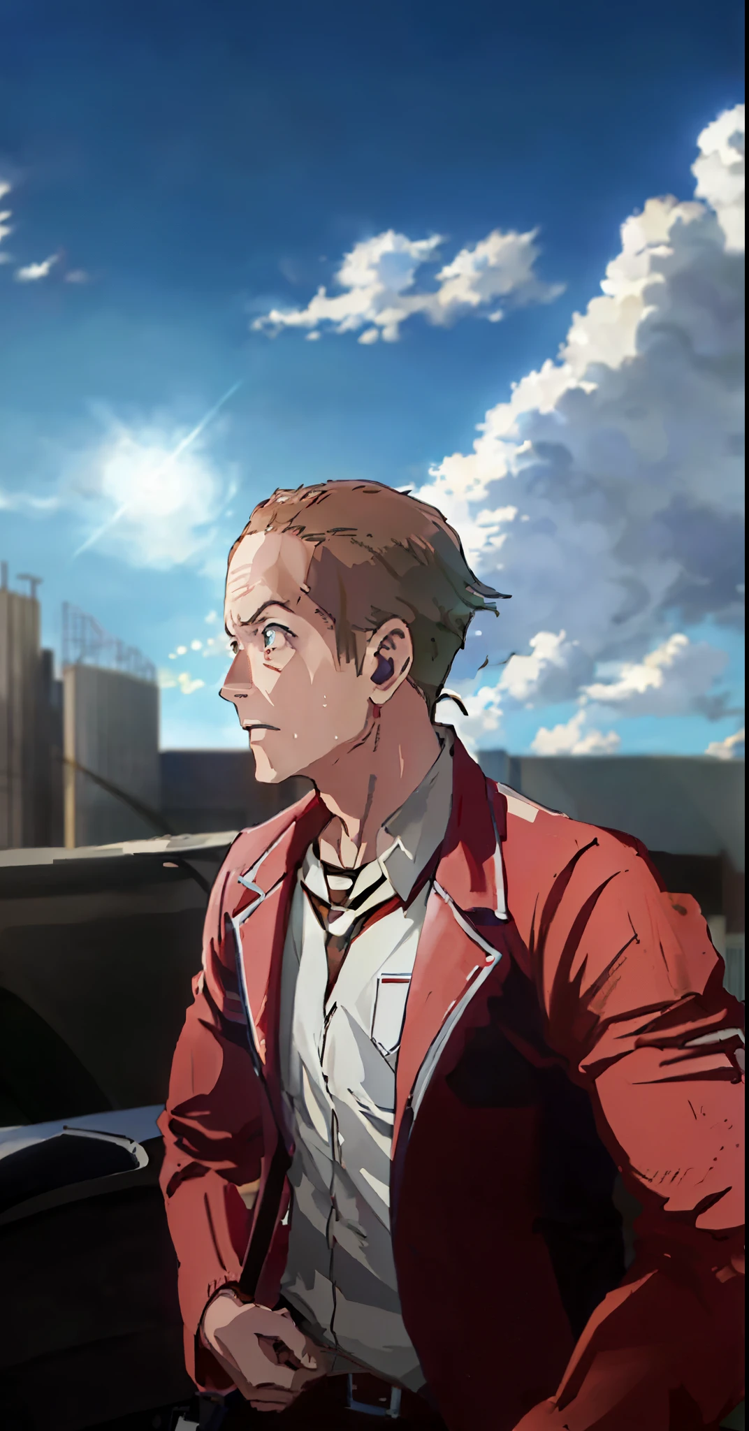 anime image of a man in a red jacket and tie looking away, from attack on titan, in attack on titan, (attack on titans anime), handsome saitama, elon musk in attack on titan, in the anime film, official art, shingeki no kyojin, walter white in attack on titan, portrait of saitama, today's featured anime still