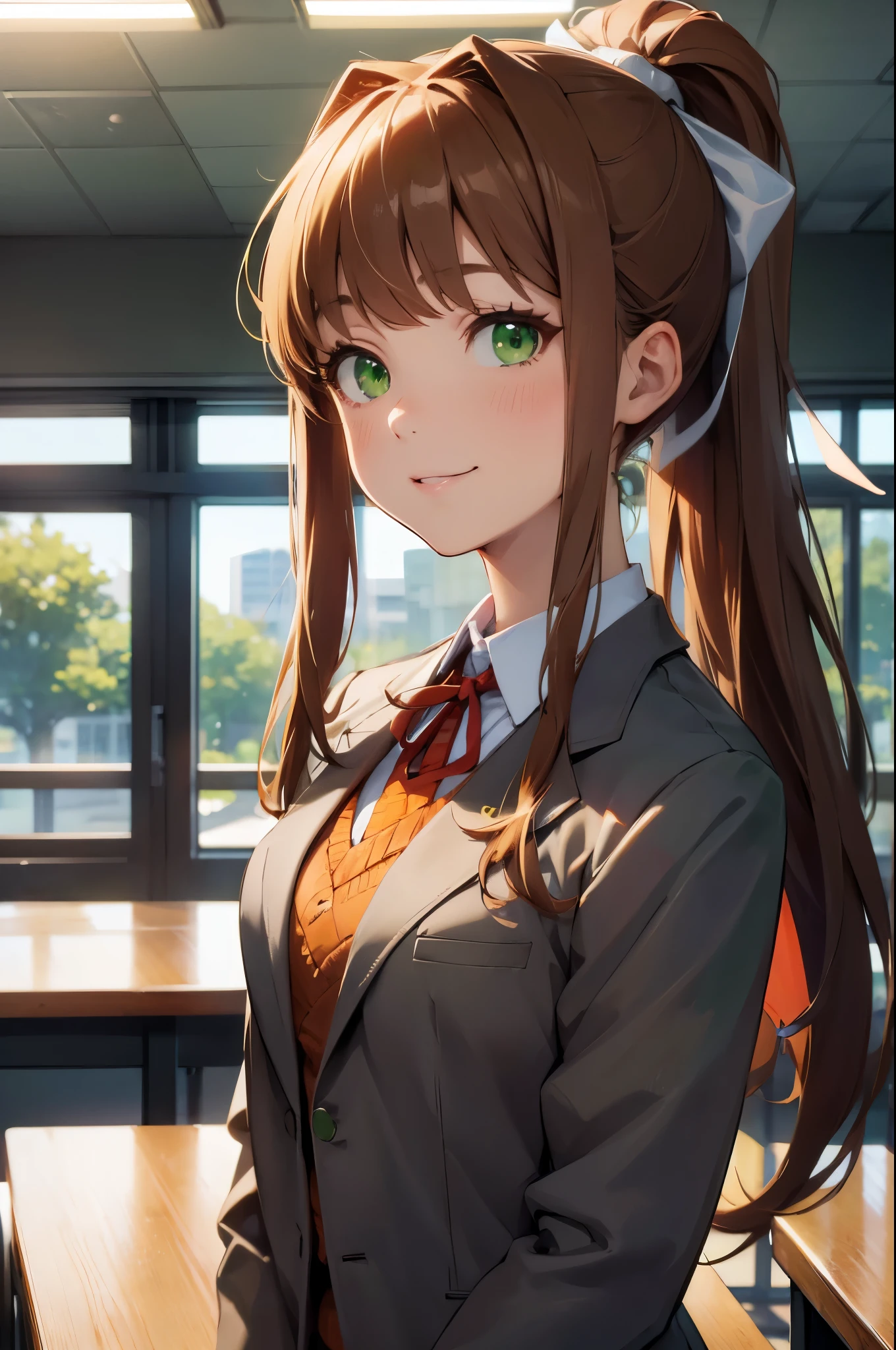 (face portrait:1.2), upper body, (masterpiece), best quality, expressive eyes, perfect face, highres, 1 girl, solo, ddlcmonika, blunt bangs, brown hair, (green eyes:1.5), long hair, ponytail, ribbon, white ribbon, hair ribbon, sidelocks, brown jacket, jacket, long sleeves, school uniform, zettai ryouiki, smiling, indoors, classroom background, standing, looking at the viewer