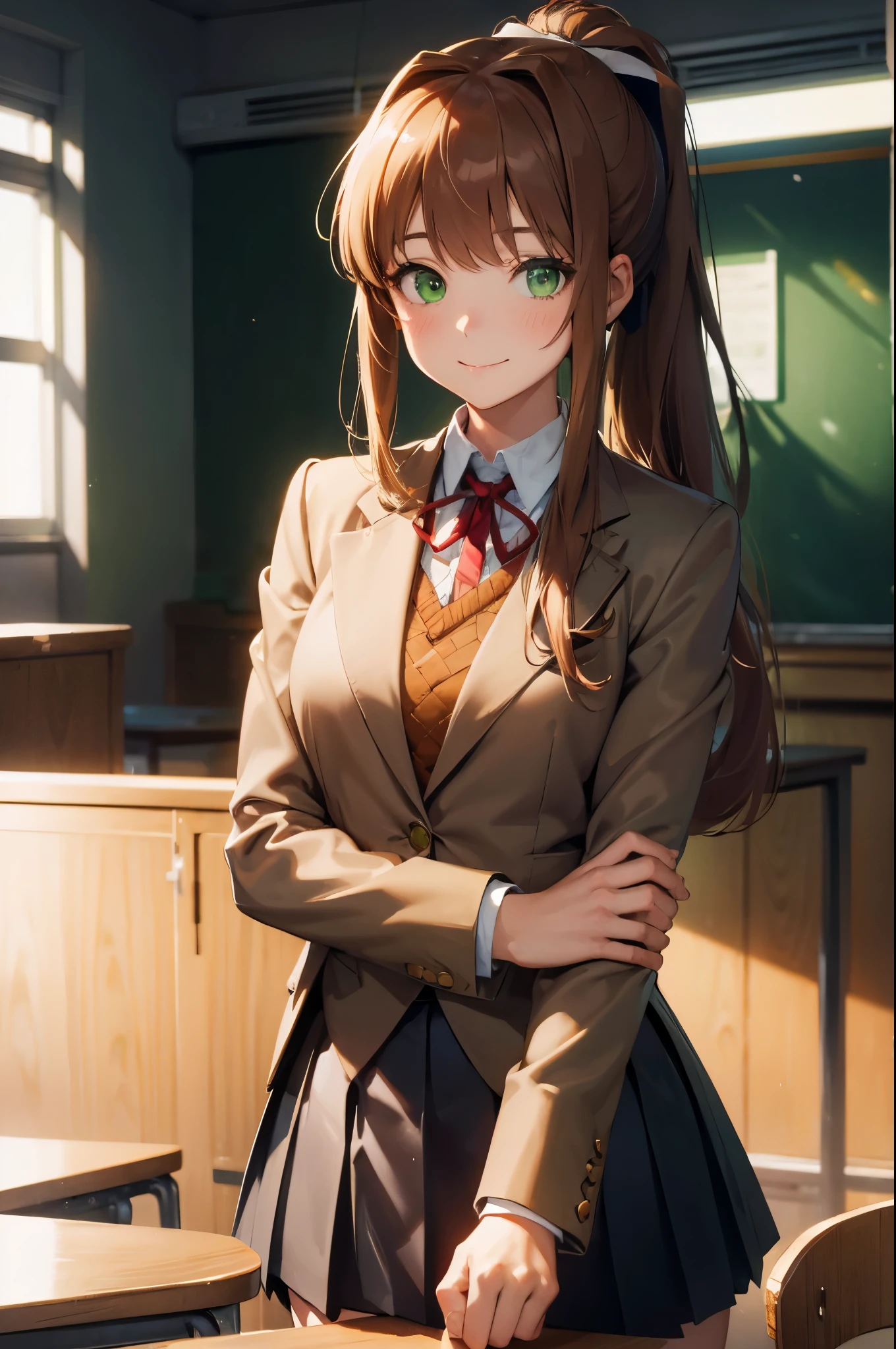 (face portrait:1.2), upper body, (masterpiece), best quality, expressive eyes, perfect face, highres, 1 girl, solo, ddlcmonika, blunt bangs, brown hair, (green eyes:1.5), long hair, ponytail, ribbon, white ribbon, hair ribbon, sidelocks, brown jacket, jacket, long sleeves, school uniform, zettai ryouiki, smiling, indoors, classroom background, standing, looking at the viewer