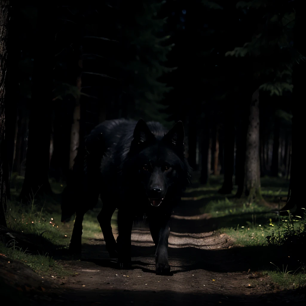 Gigantic Black wolf, glowing eyes, dark aura, passing through in a forest at night