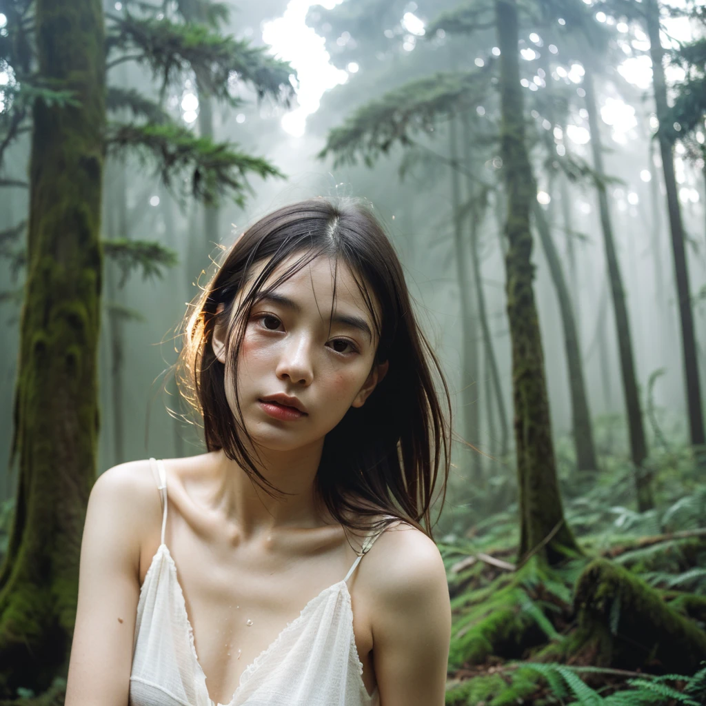 (Best Quality, 8k), (photo realistic:1.4), (hyper realistic:1.4), (realistic:1.3), Japanese woman lying in the woods, High Angle, natta, murky, Midnight, Arms outstretched upwards