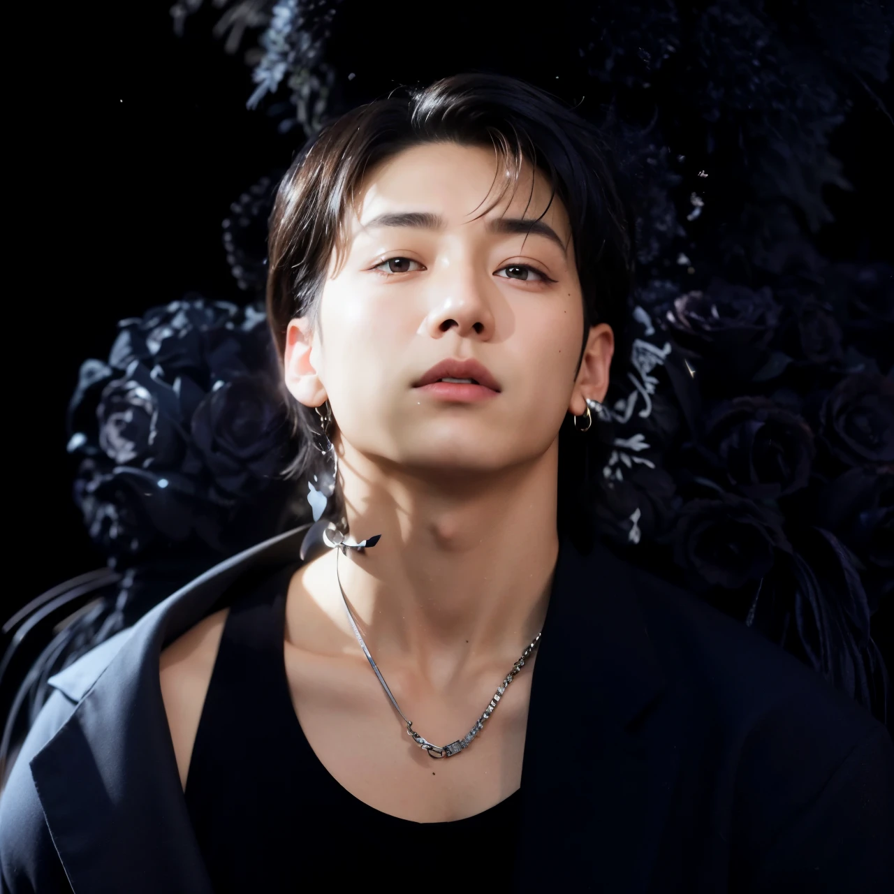 Image of a man with a black shirt and a chain around his neck, androgen, Jungkook, hyung jeon, jeon jungkook, young pale angel, jeongguk, brilhante da chuva, jungkook jeon, jk, jeon jk, maknae gguk, cute japanese demon boy, bts, jungkook maknae, album art