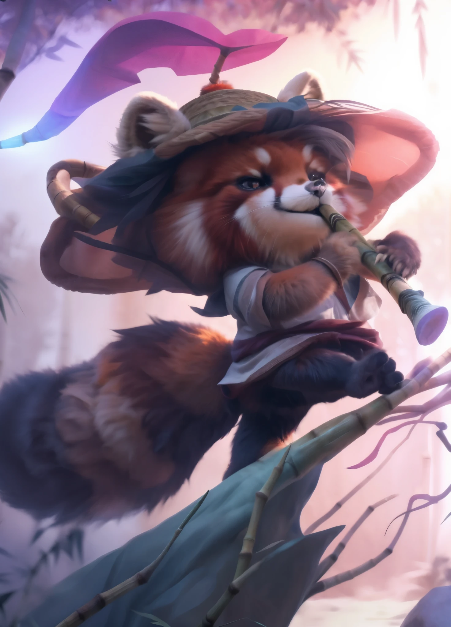 Reality,art of photography,(Realistic:1.3), masterpiece, best quality, (A red panda wearing a bamboo hat is playing the flute:1.2), Timo, Stand on dead wood,Lovely, Real hair, Nature, no_humans, Extremely detailed, Super detailed, fine details