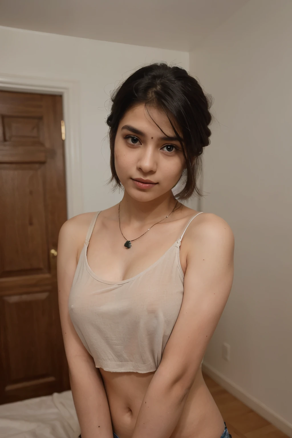 (Please generate an image of a young Indian woman wearing a shirt and necklace. She has black hair, short lob hair, skinny Indian girl, and a subtle, natural makeup. The photo should show her without visible makeup, She should look directly into the camera. The face should look real and natural. Full body shots of this attractive woman should feature eye-catching poses, She has sharp blue eyes. The girl's temperament is very sweet, And the posture should be very sweet too. Please confirm the woman'The entire body is visible in the image. The background must be clear、Neatness. The details of the image should be of high quality(Best quality)), ((tmasterpiece)), (Detailed pubic hair), is a perfect face