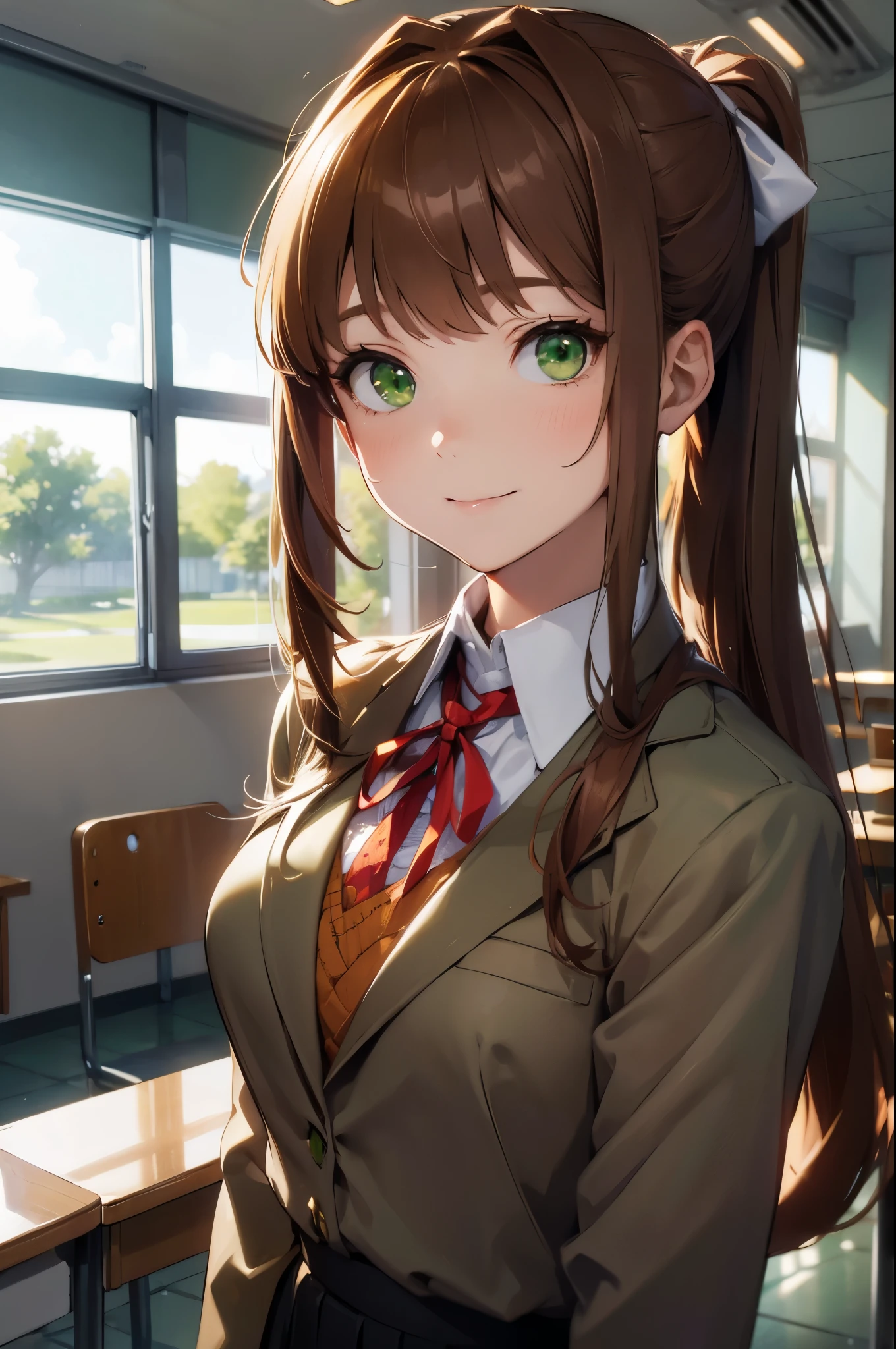 (face portrait:1.2), upper body, (masterpiece), best quality, expressive eyes, perfect face, highres, 1 girl, solo, ddlcmonika, blunt bangs, brown hair, (green eyes:1.5), long hair, ponytail, ribbon, white ribbon, hair ribbon, sidelocks, brown jacket, jacket, long sleeves, school uniform, zettai ryouiki, smiling, indoors, classroom background, standing, looking at the viewer