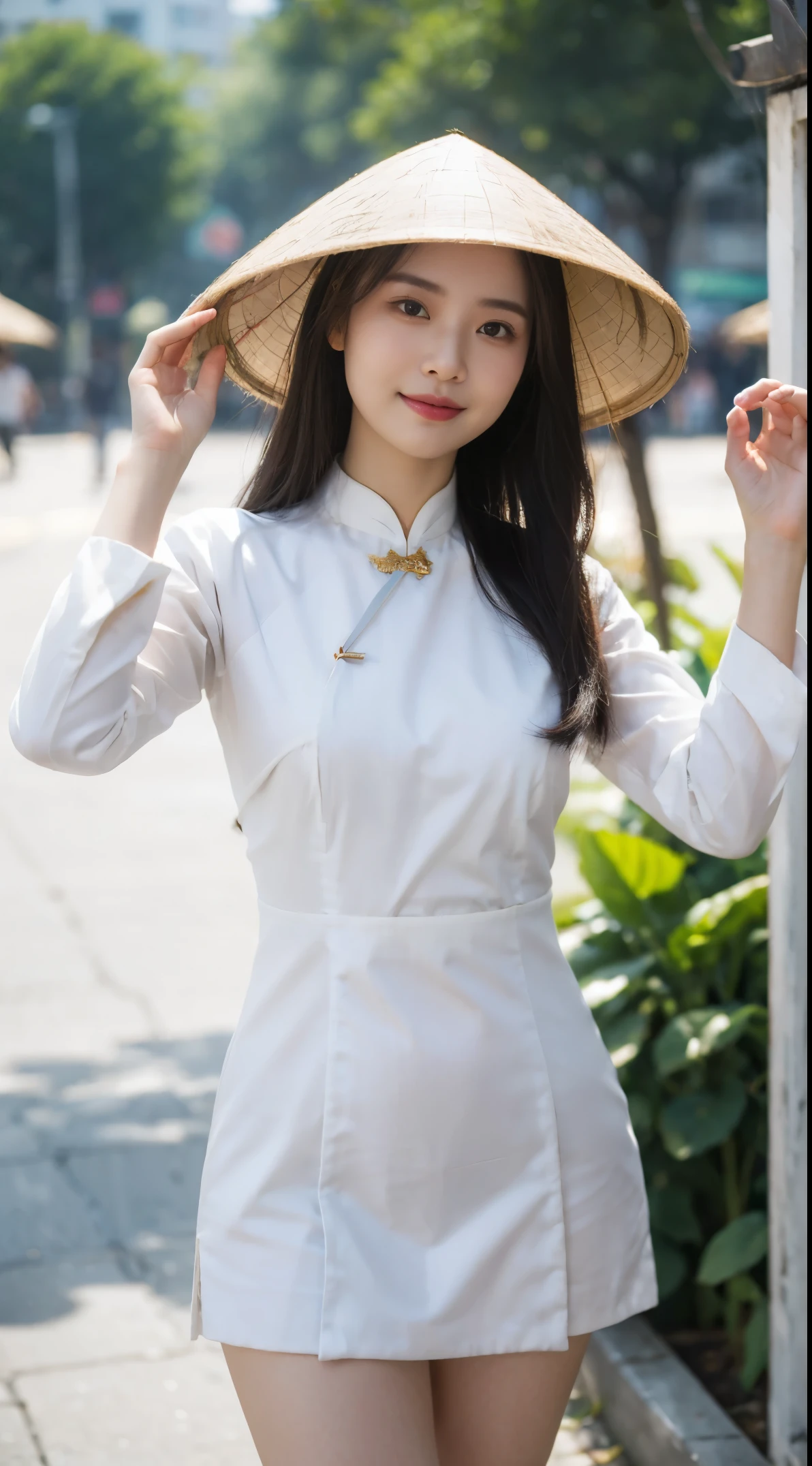 1girl, ((city in Vietnam)), ultra high res,(realistic:1.3)),((random pose)), deep shadow,(best quality, masterpiece), dimly lit, shade, flustered, blush, highly detailed, depth of field, film grain, wrinkled skin, looking at viewer, warm smile, solo, hat, ((whole body, including legs)),((Standing)),(open thighs), (white ), aodai,, (masterpiece,best quality:1.5),brown pussy,nude