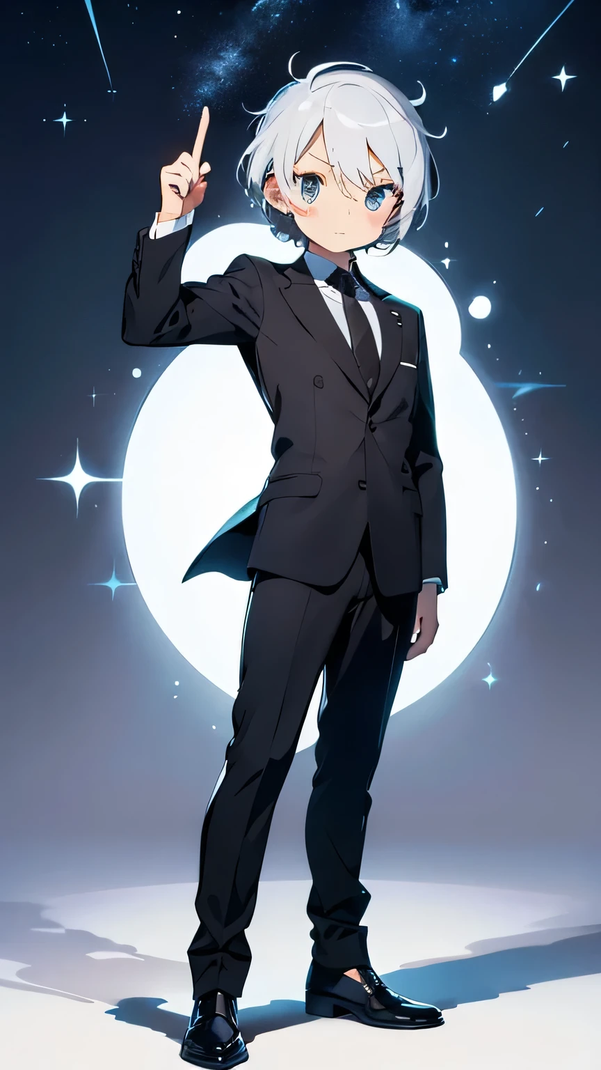 Q version,Lovely,male,cartoon,whole body,Stand sideways,One leg slightly bent,One hand in his pocket,silver hair,black suit,Big head,pure white background,manuscript,flat style,