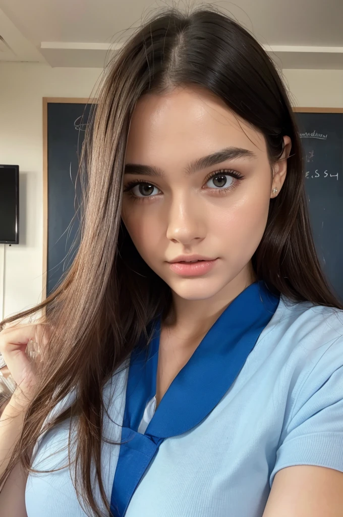 young girl, Beautiful girl of the highest grade, Super beautiful detailed face, (blue hi-School uniform), (cleavage), (Details of a very beautiful face), (Best Quality:1.4), 8K resolution, High resolution, (Photorealistic, High resolution:1.4), Raw photo, (Realistic, Photorealsitic:1.37), Gloss on lips, Long hair, Parted lips, Staring at me, school, classroom,