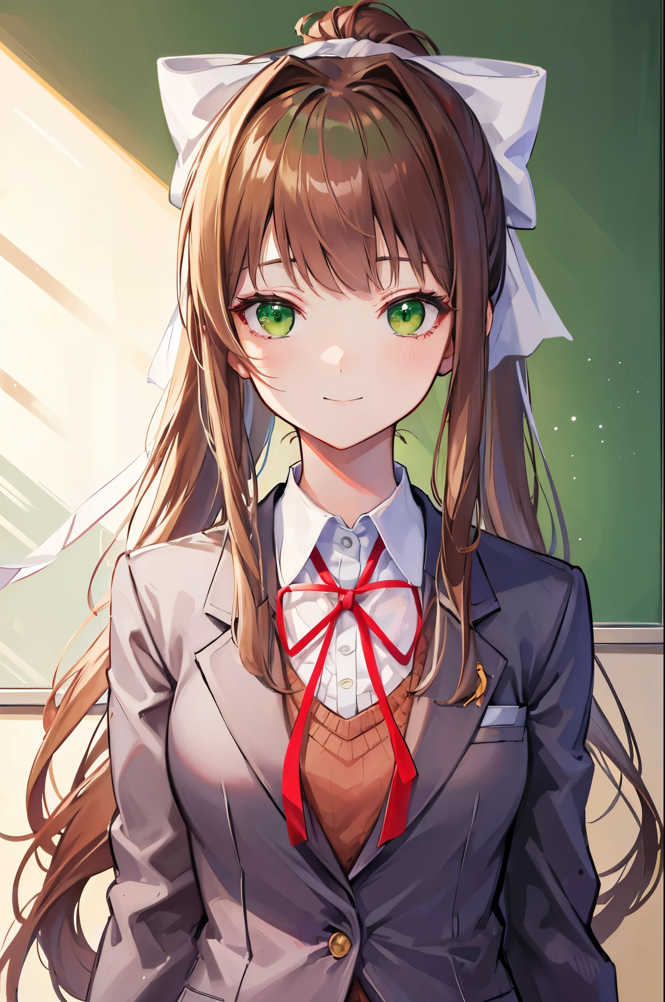 (face portrait:1.2), upper body, (masterpiece), best quality, expressive eyes, perfect face, highres, 1 girl, solo, ddlcmonika, blunt bangs, brown hair, (green eyes:1.5), long hair, ponytail, ribbon, white ribbon, hair ribbon, sidelocks, brown jacket, jacket, long sleeves, school uniform, zettai ryouiki, smiling, indoors, classroom background, standing, looking at the viewer