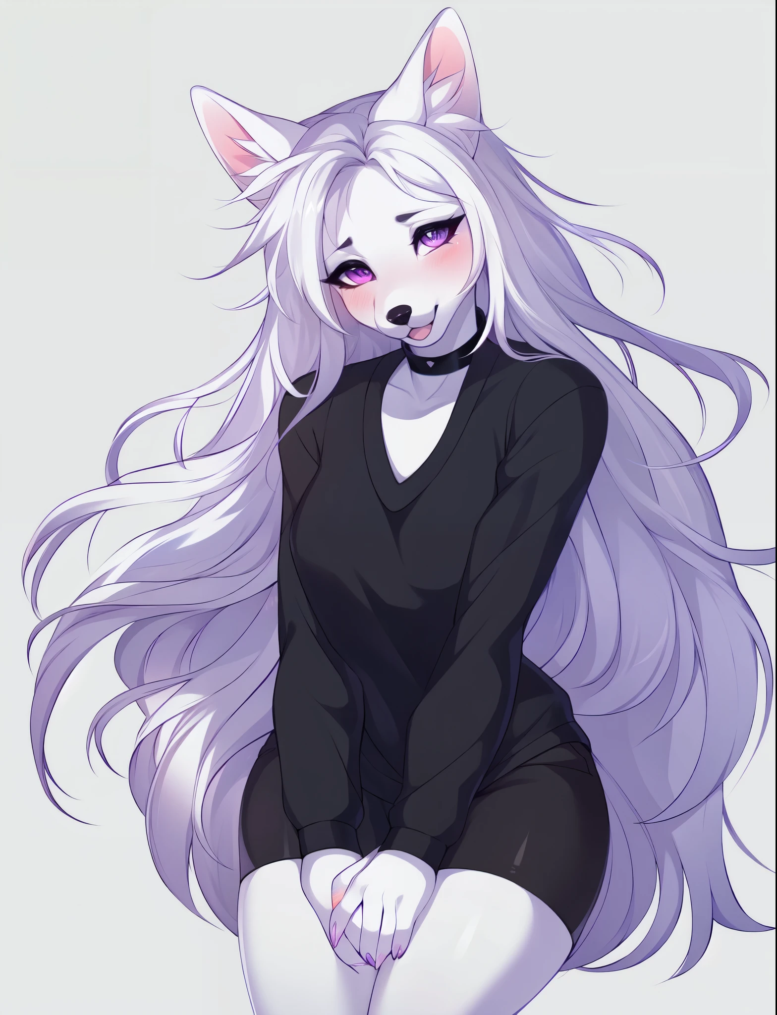 solo, female white wolf, beautiful detailed purple eyes, snout, by fumiko, by hyattlen, long white hair, hair parted in the middle, black eyebrows, white wolf ears, cute white wolf tail, black nose, wearing black choker, long black sleeve shirt underneath, black shorts, full body shot, bashful pose, shy pose, sad eyes, mouth open, hands together, slightly turning away from viewer, blushing, mouth slightly open, no background, white background, standing