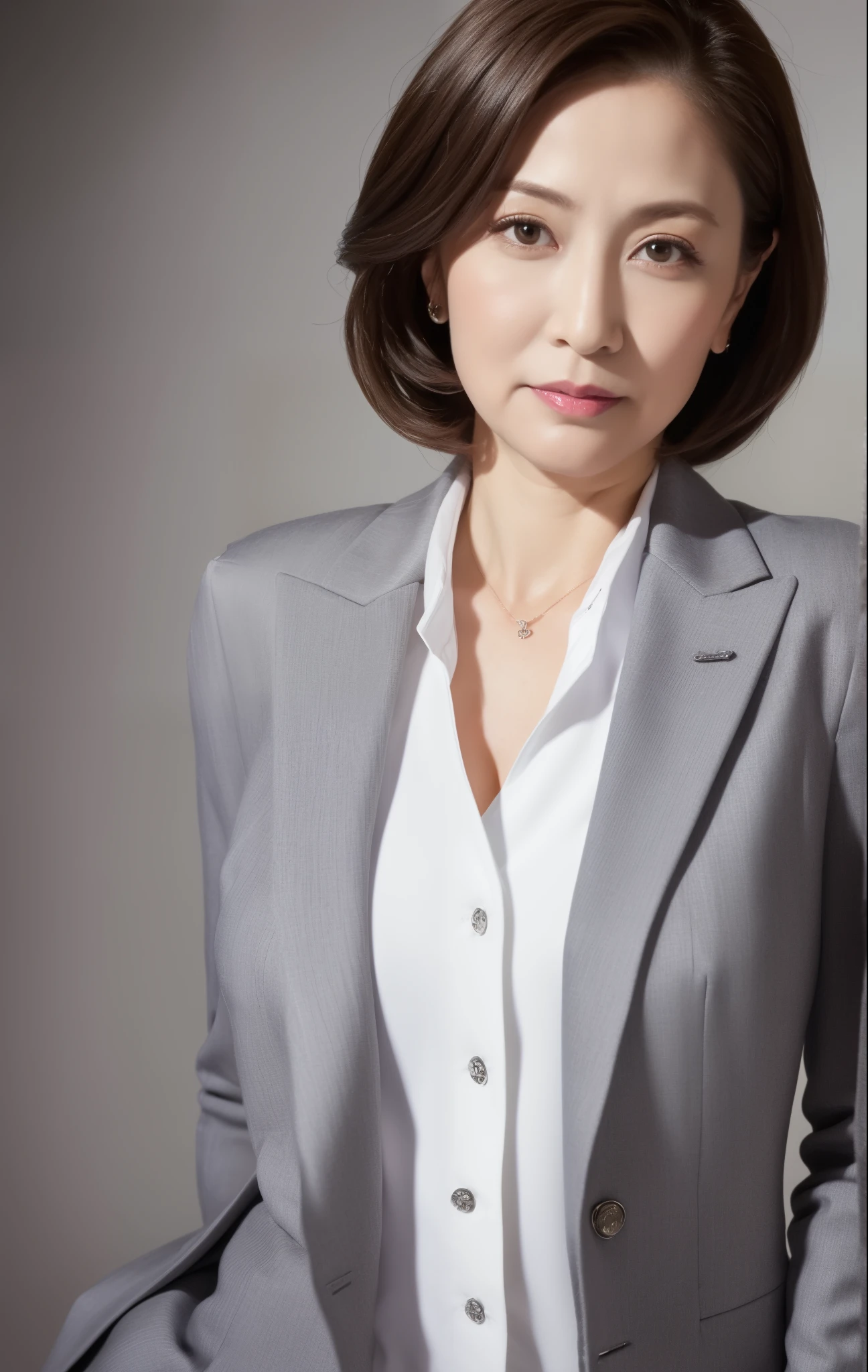 masterpiece,best quality, (one milf), ((portrait:1.5)), makeup, elegant grey suit, white shirt, touch own chest, ((seduction expression)),