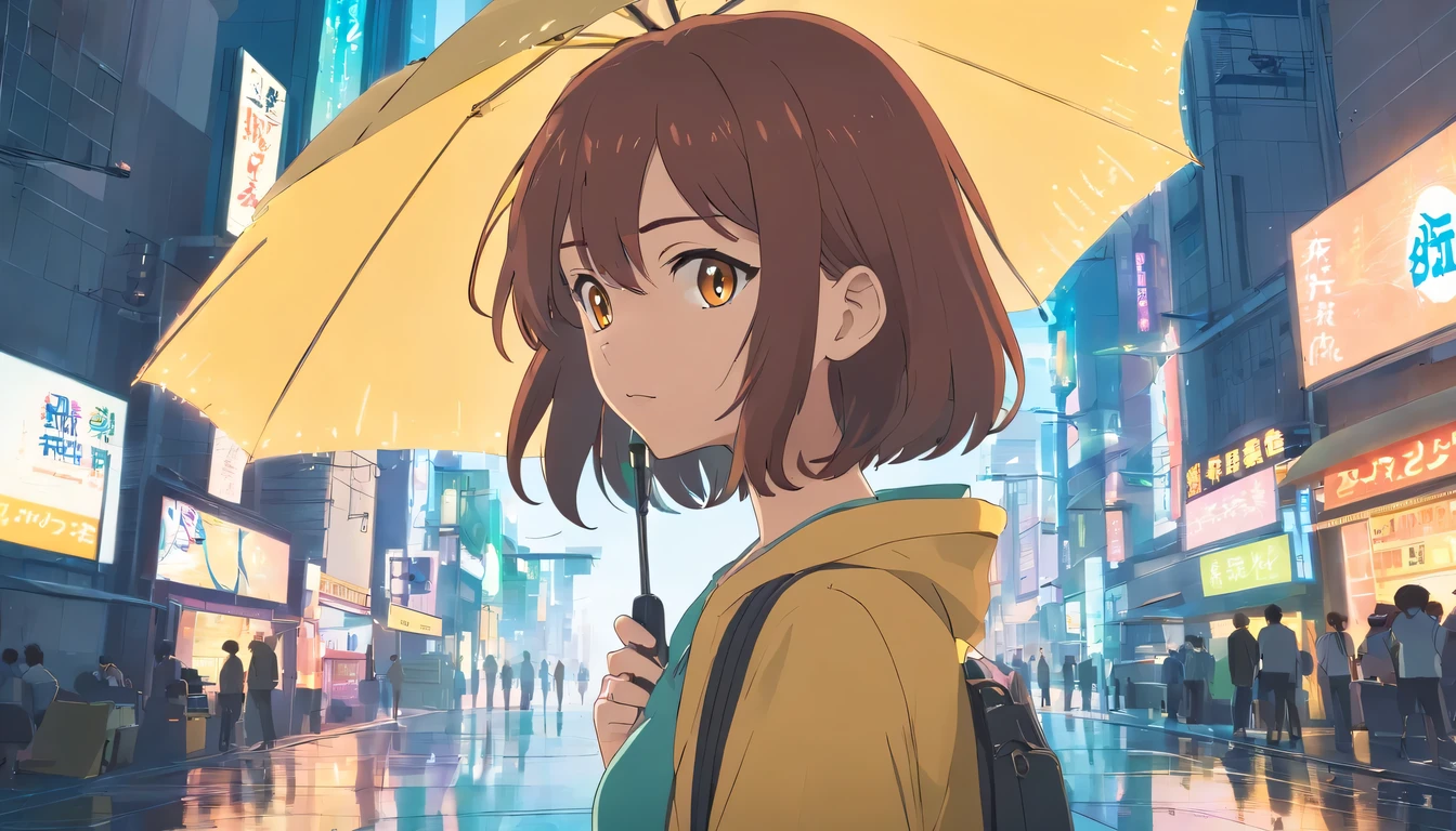 Uma garota de anime Lo-fi, vestida nas cores amarelo e preto, brown hair Looking at the landscape listening to music on the cell phone with headphones Vast and epic Cyberpunk Tokyo very busy street 8k isto'it is very detailed'it's raining maximum quality
