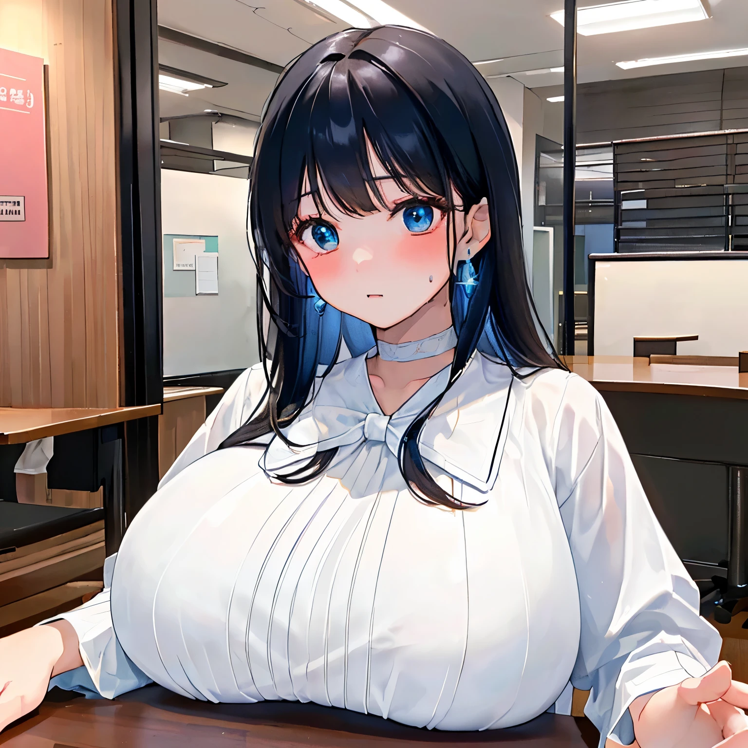 ((best image quality，highest quality，T Masterpiece))、1 girl、(very big breasts:1.45)、Korean idol types、Beautiful woman、(office:1.2)、((girl sitting with her breasts on the table:1.5))、genuine、detailed body、black hair、blue inner hair、((white blouse:1.55))、(Upper body:1.2)、very sweaty、blush、thin waist、choker、earrings