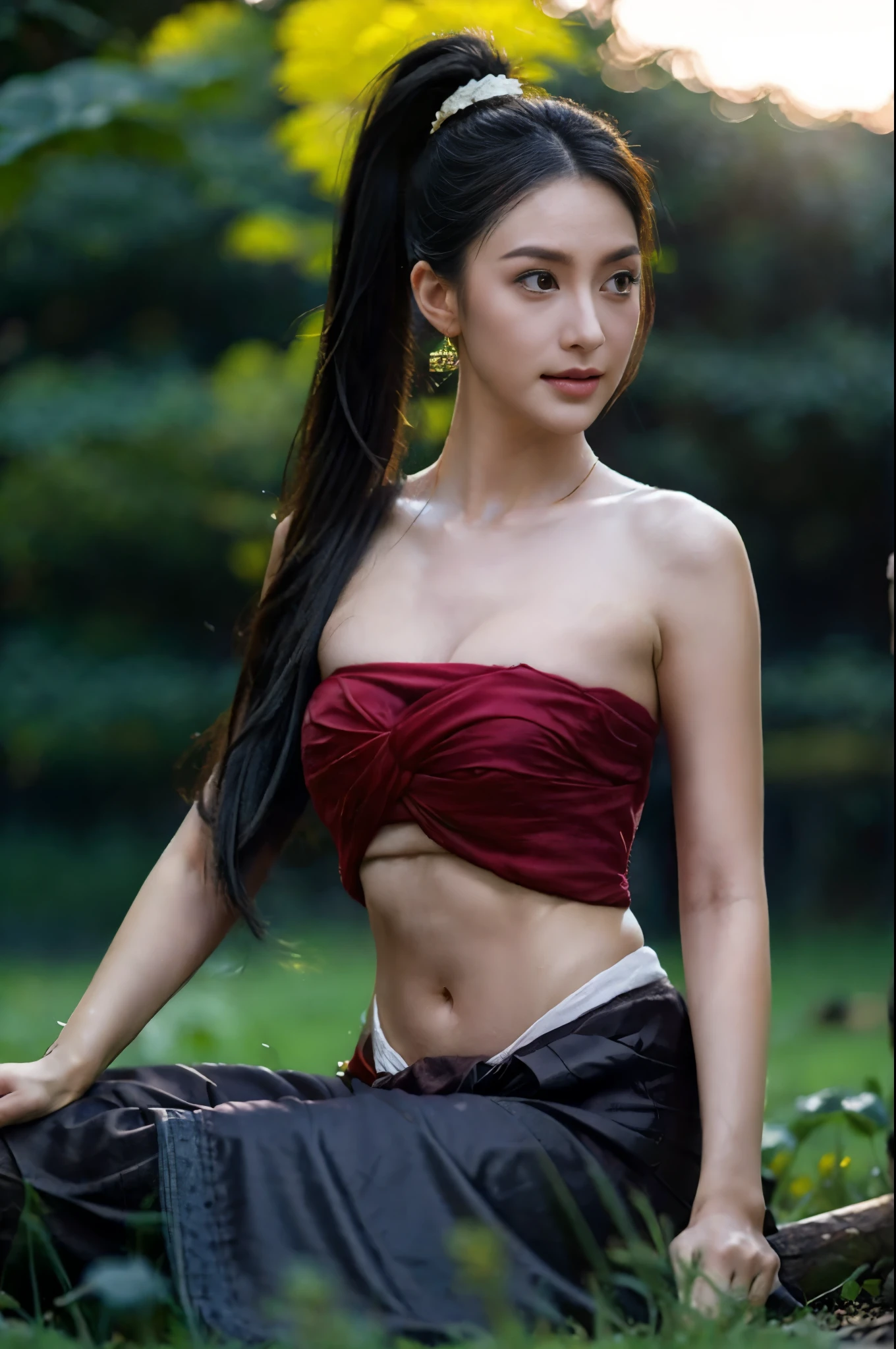 beautiful girl,sitting alone in the field,decorations,gem,dark red transparent Strapless top, Long ponytail hair,Black eyes,Abdominal muscles,Body proportion,Morning sunshine,eyes looking forward,raining