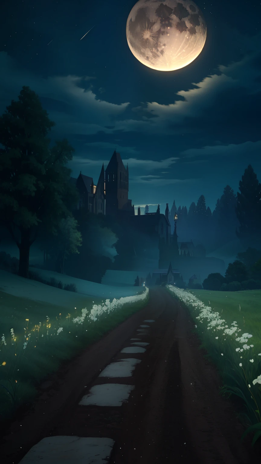 field of white flowers, lots of flowers, pale green grass almost grey, thin dirt road leading to a hill, 1house on hill, victorian theme, dark theme, night time light, reflecting moonlight, moonlit scenery, dark lighting, night time, ominous, suspense, bright moon in background, stars in the night sky, foot prints on the dirt path, lit candles metal lanterns along the path, bloodborne, clear night sky,