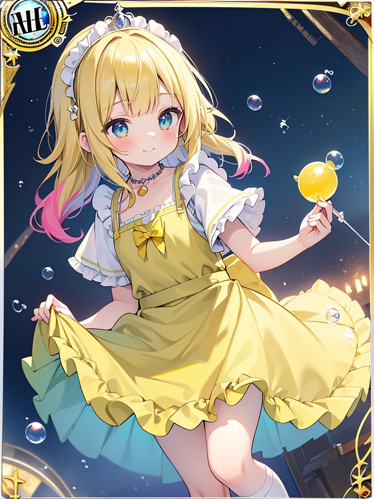 photo realistic, (masterpiece,best quality:1.4),(8k,raw photo,photo realistic:1.2),Not Safe for Work, detailed skin,detailed face,1girl,princess,Alice in Wonderland,cute face, super resolution,retro realistic details Illustration,,{{{elaborate,intricately,fantastic,delicately,tremendous,meticulous,minute,incredibly,obsessed,artisan's,subtle,virtuoso,skillful,vibrant, vivid, complex}}}, clearly focus edge, fresh natural gradation, best quality, amazing quality, very aesthetic, absurdres, pubisure, ((yellow, checkered, frilled, yellow layered, yellow mini skirt, overskirt)), ((White ruffle apron)), ((shiny wavy hair)), diadems, ankle boots, up-skirt, doress, (((jumping))), feet up, (yellow frilled shirt), yellow gothic dresses, shairband, shortsleeves, the bow hair, happy, ;p, medium bob, (blonde hair), ((wavy hair)), shimmering eyes, Blue eyes, ((yellow shairband)), (((White frilled Panties))), (((skirt-lift))), a smile, red blush, yellow Doress, Alice (Alice in Wonderland), (((cape))), White frilled legwear, ((yellow the Bow)), Puffy Sleeves, Bangss, shortsleeves, ((yellow bow ribbon)), long hair, (White frilled apron), (((tiara))), (((Holding a cute magic wand))). White frilled legwear, frilld, yellow gothic dresses,: q, ((Heart necklace)), ((ring)), masterpiece, top-quality, not safe for work, Little Girl, child, 14 yo, braided bangs, arm garter, baby face ,twinkle in the eye, flat chest, yumekawa,yumekawaii,pastel color,(wonderland:1.3),imagination, ((soap bubbles)), heart background, (water-color),
yumekawa,yumekawaii,pastel color,(wonderland:1.3),imagination, ((soap bubbles)), heart background, (water-color),((Multicolored lights)), (((trading card))),