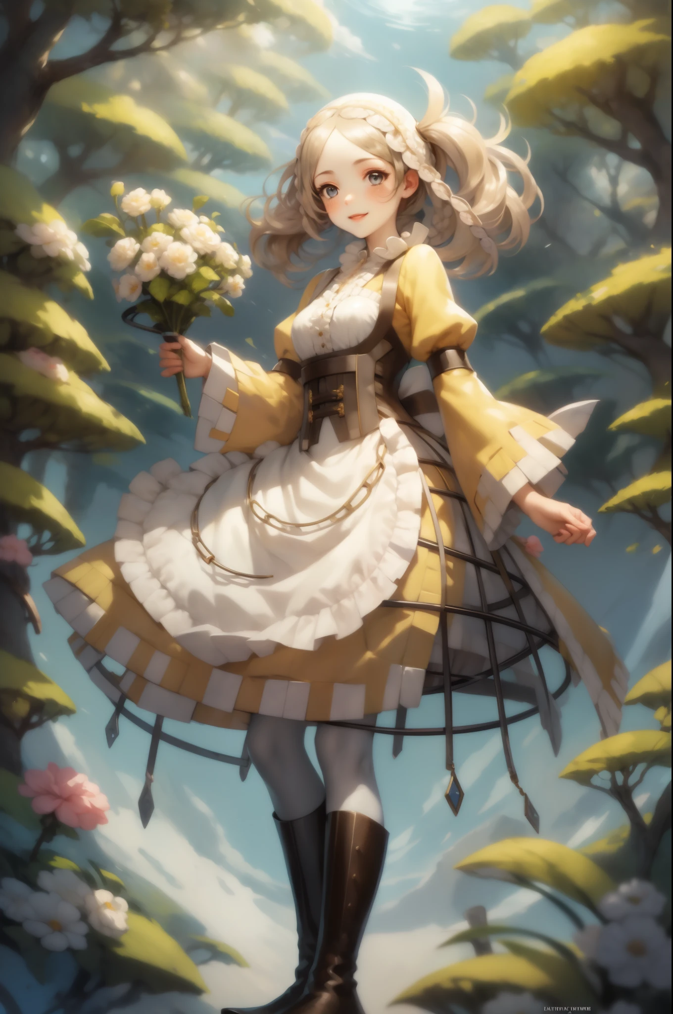 masterpiece, best quality, lissa, hair ornament, bonnet, frilled dress, white thighhighs, boots, standing, smile, white flowers, from side, hands at chest, trees, spring 