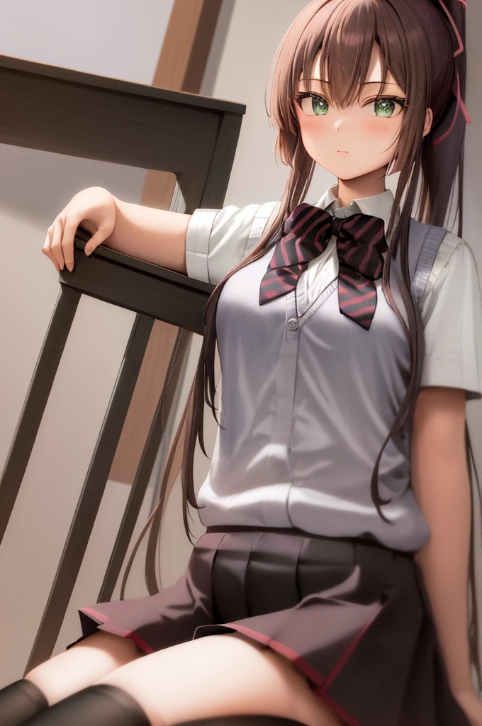 masterpiece, best quality, highres, 1girl kirasaka sayaka high ponytail hair ribbon, striped bowtie sweater vest white shirt short sleeves black skirt black thighhighs wariza, sitting