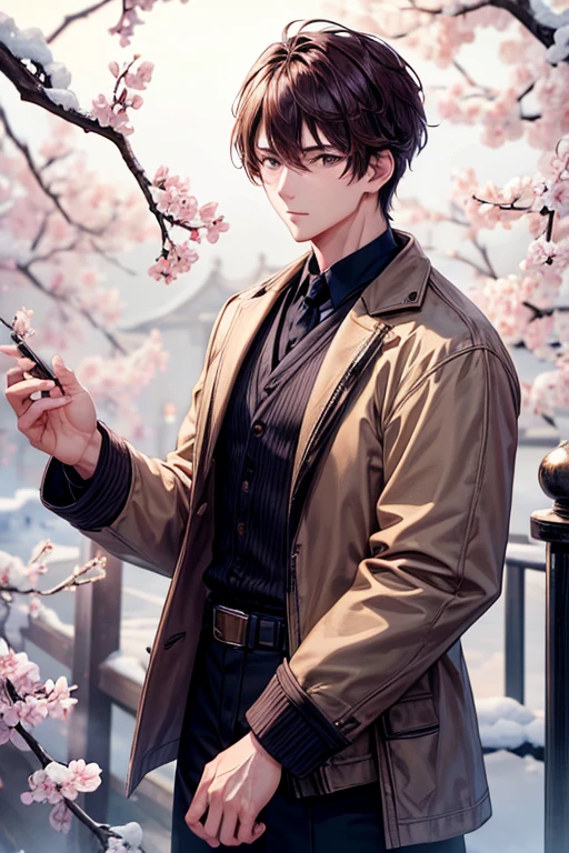 a handsome guy、Winter clothes、brown short hair、long sleeve、Plum blossoms are in full bloom、single lens reflex camera、High resolution、In 8K、sharp focus、zoom、with the best image quality、highest quality