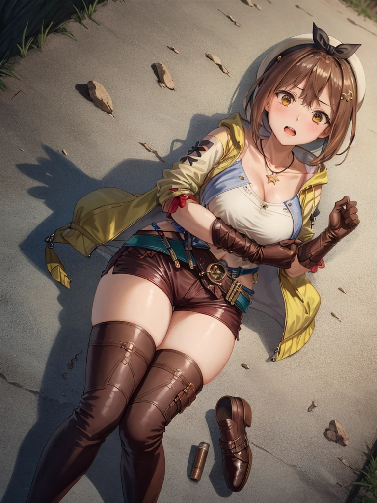 Lisa, One Girl, alone, Shorts, gloves, Belt Bag, Have, Head Ribbon, jewelry, 赤いShorts, Brown Hair, Thighs Thighs Thighs Thighs, Short shorts, Bridal Legwear, necklace, Brown eyes, 片手gloves, hair ornaments, Barrette, star necklace, toeless footwear, leather, star (symbol), White Hat, Brown gloves, Knee-high boots, short hair, Thighs Thighs Thighs Thighs, leather Belt, Tea belt, leather gloves, Jacket, Blue Belt, belly button, Thigh-high boots, ノースリーブJacket, Thigh pouch, White knee-highs, clavicle, 黄色いJacket, Brown footwear, Cleavage, Large Breasts,Angle from the buttocks,Look over your shoulder