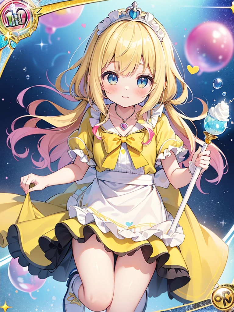 photo realistic, (masterpiece,best quality:1.4),(8k,raw photo,photo realistic:1.2),Not Safe for Work, detailed skin,detailed face,1girl,princess,Alice in Wonderland,cute face, super resolution,retro realistic details Illustration,,{{{elaborate,intricately,fantastic,delicately,tremendous,meticulous,minute,incredibly,obsessed,artisan's,subtle,virtuoso,skillful,vibrant, vivid, complex}}}, clearly focus edge, fresh natural gradation, best quality, amazing quality, very aesthetic, absurdres, pubisure, ((yellow, checkered, frilled, yellow layered, yellow mini skirt, overskirt)), ((White ruffle apron)), ((shiny wavy hair)), diadems, ankle boots, up-skirt, doress, (((jumping))), feet up, (yellow frilled shirt), yellow gothic dresses, shairband, shortsleeves, the bow hair, happy, ;p, medium bob, (blonde hair), ((wavy hair)), shimmering eyes, Blue eyes, ((yellow shairband)), (((White frilled Panties))), (((skirt-lift))), a smile, red blush, yellow Doress, Alice (Alice in Wonderland), (((cape))), White frilled legwear, ((yellow the Bow)), Puffy Sleeves, Bangss, shortsleeves, ((yellow bow ribbon)), long hair, (White frilled apron), (((tiara))), (((Holding a cute magic wand))). White frilled legwear, frilld, yellow gothic dresses,: q, ((Heart necklace)), ((ring)), masterpiece, top-quality, not safe for work, Little Girl, child, 14 yo, braided bangs, arm garter, baby face ,twinkle in the eye, flat chest, yumekawa,yumekawaii,pastel color,(wonderland:1.3),imagination, ((soap bubbles)), heart background, (water-color),
yumekawa,yumekawaii,pastel color,(wonderland:1.3),imagination, ((soap bubbles)), heart background, (water-color),((Multicolored lights)), (((trading card))),