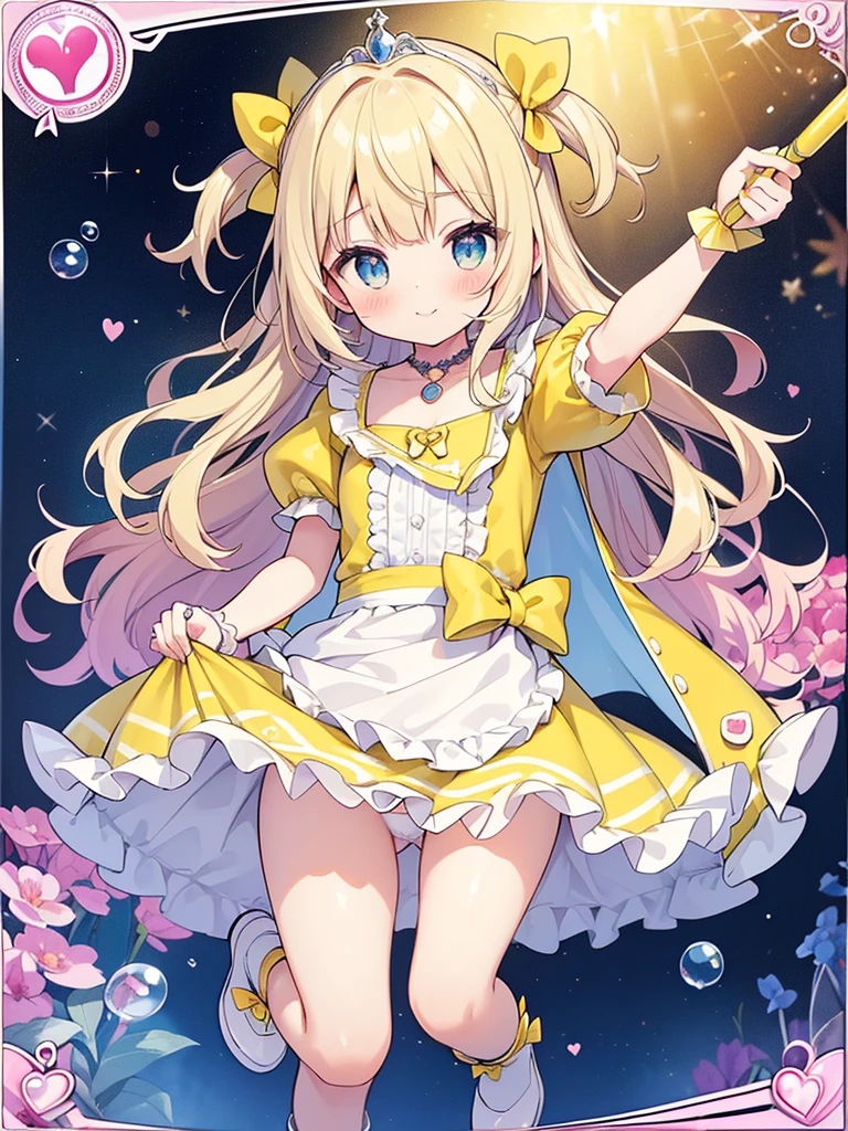 photo realistic, (masterpiece,best quality:1.4),(8k,raw photo,photo realistic:1.2),Not Safe for Work, detailed skin,detailed face,1girl,princess,Alice in Wonderland,cute face, super resolution,retro realistic details Illustration,,{{{elaborate,intricately,fantastic,delicately,tremendous,meticulous,minute,incredibly,obsessed,artisan's,subtle,virtuoso,skillful,vibrant, vivid, complex}}}, clearly focus edge, fresh natural gradation, best quality, amazing quality, very aesthetic, absurdres, pubisure, ((yellow, checkered, frilled, yellow layered, yellow mini skirt, overskirt)), ((White ruffle apron)), ((shiny wavy hair)), diadems, ankle boots, up-skirt, doress, (((jumping))), feet up, (yellow frilled shirt), yellow gothic dresses, shairband, shortsleeves, the bow hair, happy, ;p, medium bob, (blonde hair), ((wavy hair)), shimmering eyes, Blue eyes, ((yellow shairband)), (((White frilled Panties))), (((skirt-lift))), a smile, red blush, yellow Doress, Alice (Alice in Wonderland), (((cape))), White frilled legwear, ((yellow the Bow)), Puffy Sleeves, Bangss, shortsleeves, ((yellow bow ribbon)), long hair, (White frilled apron), (((tiara))), (((Holding a cute magic wand))). White frilled legwear, frilld, yellow gothic dresses,: q, ((Heart necklace)), ((ring)), masterpiece, top-quality, not safe for work, Little Girl, child, 14 yo, braided bangs, arm garter, baby face ,twinkle in the eye, flat chest, yumekawa,yumekawaii,pastel color,(wonderland:1.3),imagination, ((soap bubbles)), heart background, (water-color),
yumekawa,yumekawaii,pastel color,(wonderland:1.3),imagination, ((soap bubbles)), heart background, (water-color),((Multicolored lights)), (((trading card))),