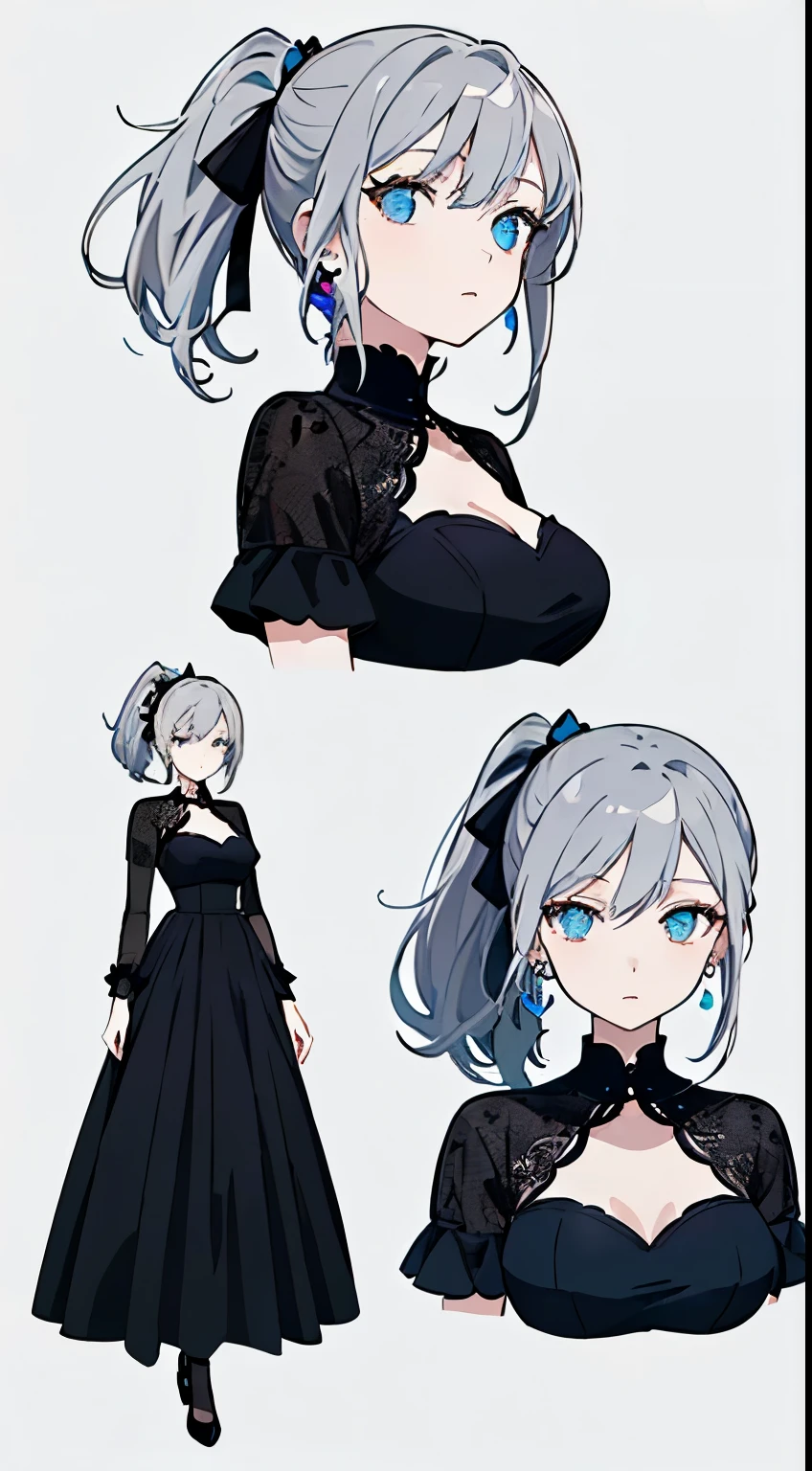 ((beautiful elegant girl)), blue big eyes,  1 petite and slender woman, slightly bigger breasts,   ((Gray hair),((black ribbon ponytail hair,)),In 8K, top quality, (highly detailed head: 1.0), (very detailed face: 1.0), (highly detailed hair: 1.0),((Black costume)、jewelry earrings,Detailed official artwork,  clean detailed anime art,(Expressionless)