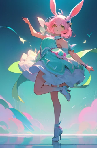 (full body:1.3), (Best quality at best, A high resolution), (like a dream, a vibrant one), (detailed, Be expressive, aesthetic)1 girl, smile, active posing, beauty, light pink hair, rabbit ears costume,, light green eyes, clear eyes