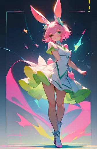 (full body:1.3), (Best quality at best, A high resolution), (like a dream, a vibrant one), (detailed, Be expressive, aesthetic)1 girl, smile, active posing, beauty, light pink hair, rabbit ears costume,, light green eyes, clear eyes