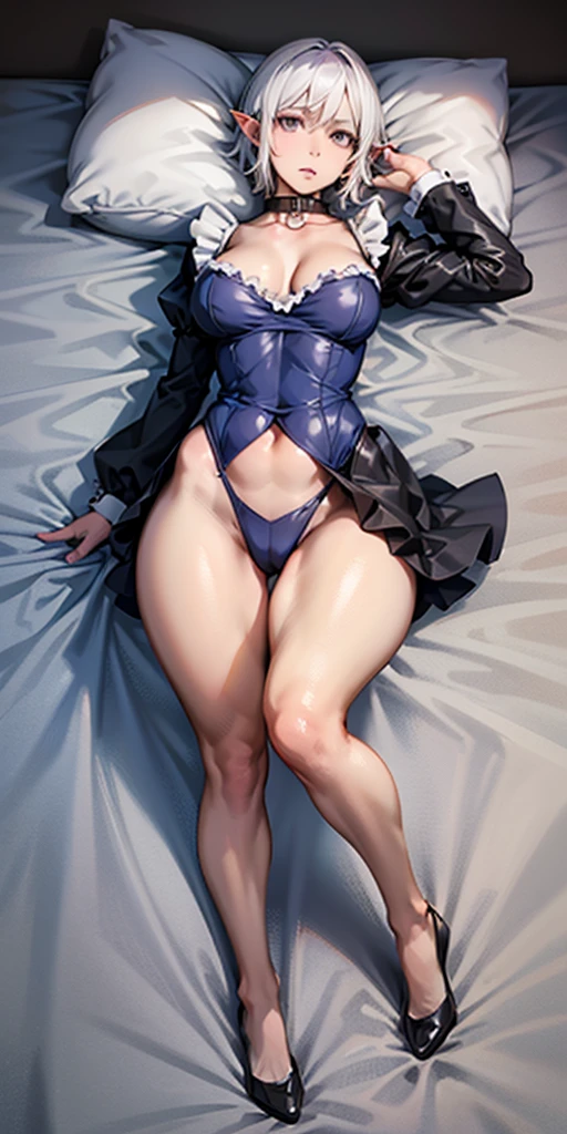 White hair , short hair, pinched eyes, (big-:1.5), Thin legs, thin body, leather collar, Maid outfit victorian, dynamic pose, full body, view from below, wide hips, kneel on the sheet in bed. purple skin, drow elf