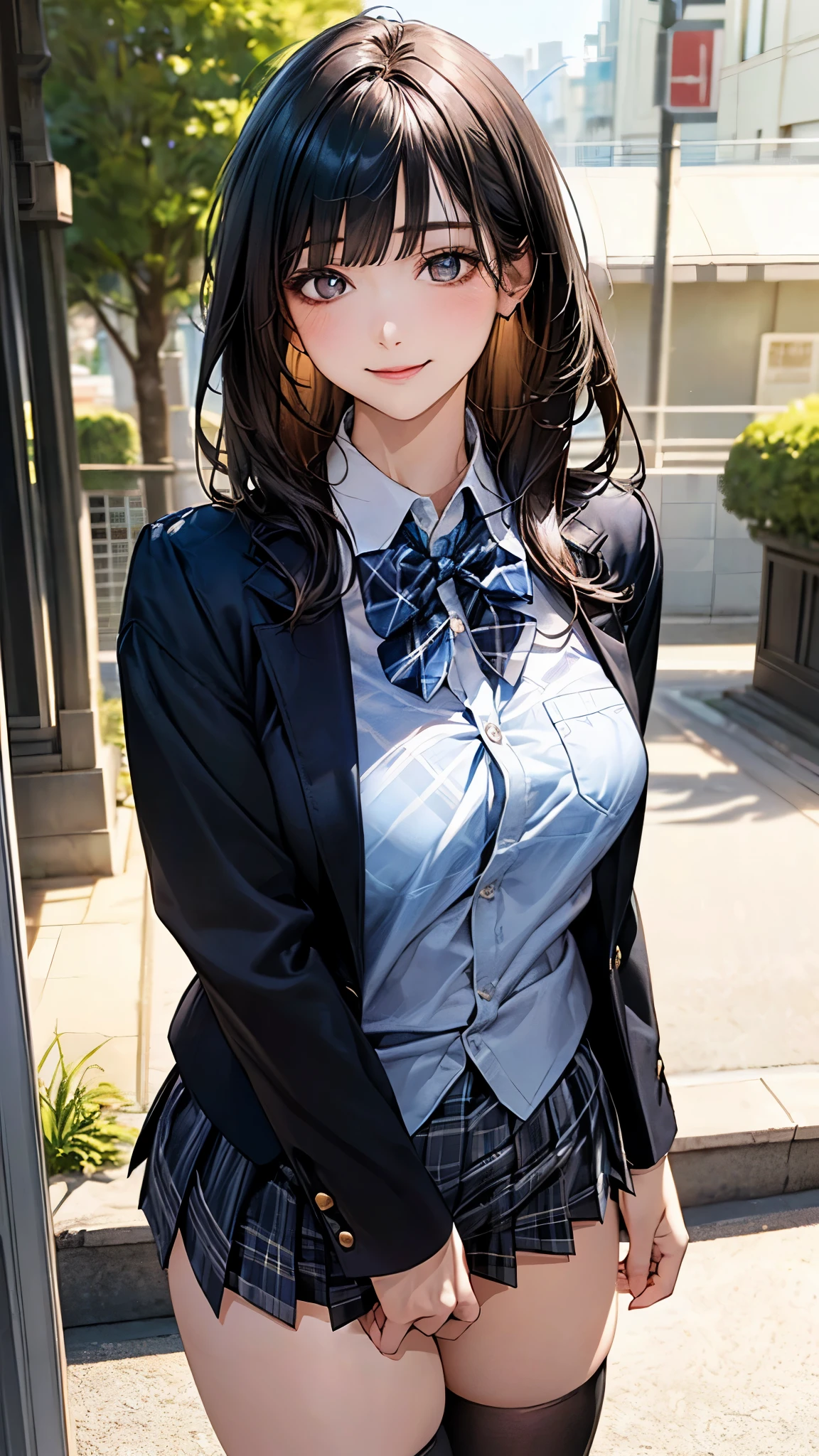 (masterpiece:1.2, top-quality), (realistic, photorealistic:1.4), beautiful illustration, (natural side lighting, movie lighting), nsfw, 
looking at viewer, cowboy shot, front view:0.6, 1 girl, japanese, high school girl, perfect face, cute and symmetrical face, shiny skin, 
(long hair:1.8, straight hair:1.7, black hair), blunt bangs, gold eyes, long eye lasher, (large breasts:0.8, thick thighs), 
beautiful hair, beautiful face, beautiful detailed eyes, beautiful clavicle, beautiful body, beautiful chest, beautiful thigh, beautiful legs, beautiful fingers, 
((white collared shirts, black jacket, dark grey pleated mini skirt, black socks, black loafers, blue plaid bow tie)), 
(beautiful scenery), evening, riverside, standing, (half-closed eye,lovely smile, upper eyes), 