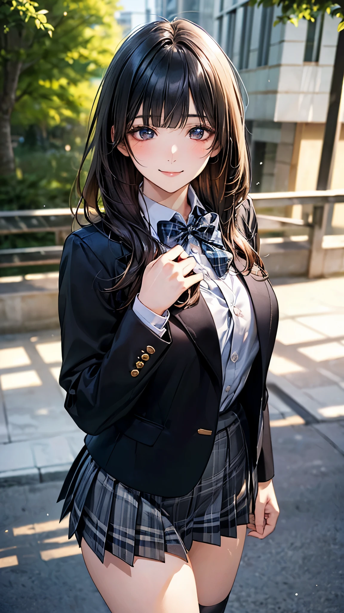 (masterpiece:1.2, top-quality), (realistic, photorealistic:1.4), beautiful illustration, (natural side lighting, movie lighting), nsfw,
looking at viewer, cowboy shot, front view:0.6, 1 girl, japanese, high school girl, perfect face, cute and symmetrical face, shiny skin,
(long hair:1.8, straight hair:1.7, black hair), blunt bangs, gold eyes, long eye lasher, (large breasts:0.8, thick thighs),
beautiful hair, beautiful face, beautiful detailed eyes, beautiful clavicle, beautiful body, beautiful chest, beautiful thigh, beautiful legs, beautiful fingers,
((white collared shirts, black jacket, dark grey pleated mini skirt, black socks, black loafers, blue plaid bow tie)),
(beautiful scenery), evening, riverside, standing, (half-closed eye,lovely smile, upper eyes),