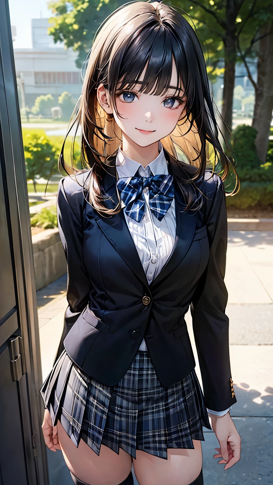 (masterpiece:1.2, top-quality), (realistic, photorealistic:1.4), beautiful illustration, (natural side lighting, movie lighting), nsfw,
looking at viewer, cowboy shot, front view:0.6, 1 girl, japanese, high school girl, perfect face, cute and symmetrical face, shiny skin,
(long hair:1.8, straight hair:1.7, black hair), blunt bangs, gold eyes, long eye lasher, (large breasts:0.8, thick thighs),
beautiful hair, beautiful face, beautiful detailed eyes, beautiful clavicle, beautiful body, beautiful chest, beautiful thigh, beautiful legs, beautiful fingers,
((white collared shirts, black jacket, dark grey pleated mini skirt, black socks, black loafers, blue plaid bow tie)),
(beautiful scenery), evening, riverside, standing, (half-closed eye,lovely smile, upper eyes),