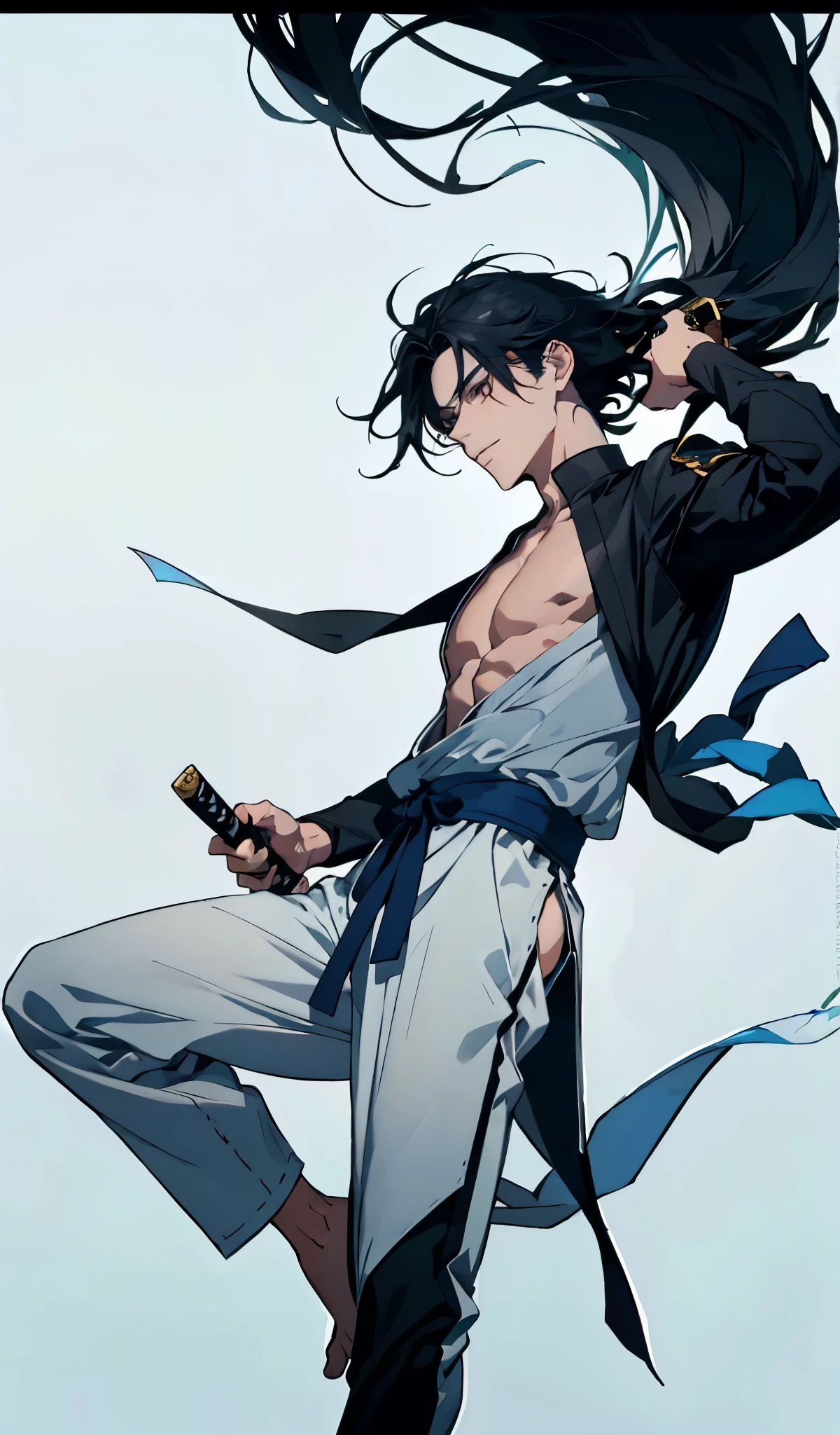 Boy with hunk body and long straight black hair down to the leg wearing a black haori with some white armbands and some parts of white clothing with a katana at the blue waist and tied hair, mage swordsman, beautiful eyes finely detailed, casting a strong spell from his sword,magical atmosphere, colorful glowing magic spell in the air, swirling portal, dark magic, (style-swirlmagic:0.8), floating particles, backlighting