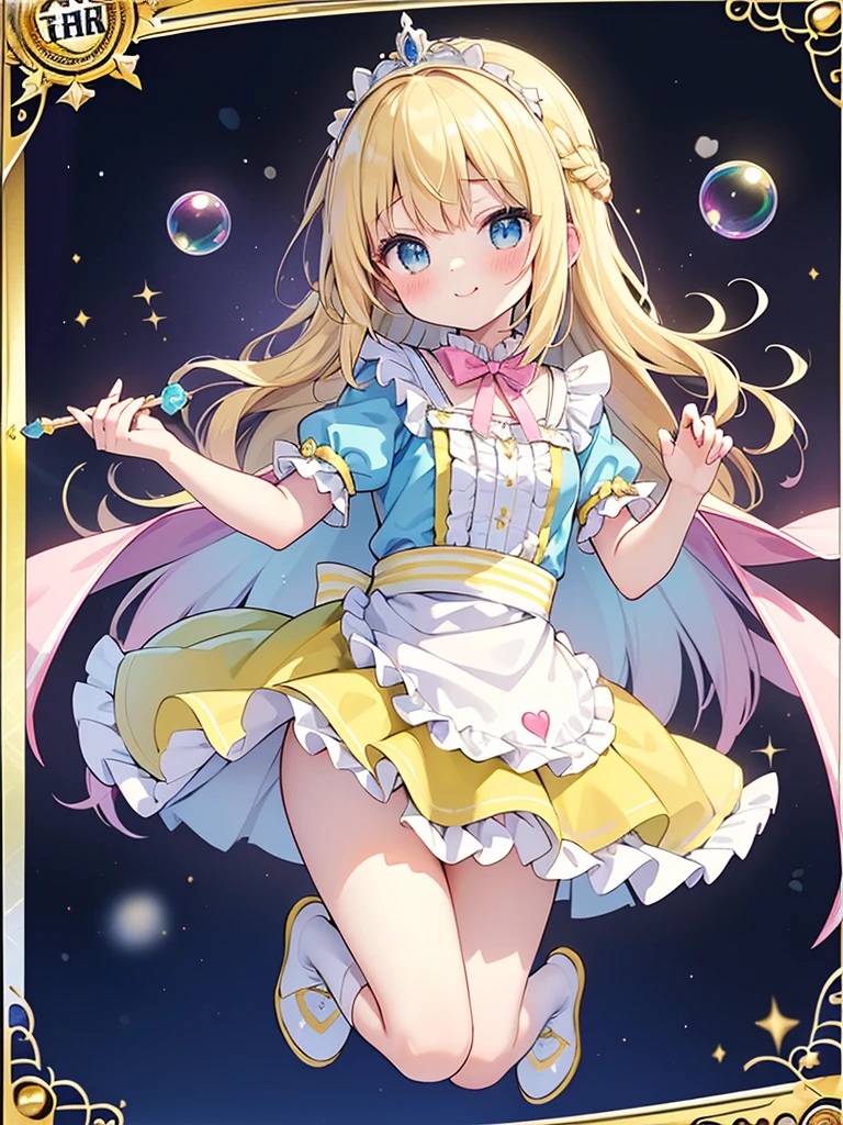 photo realistic, (masterpiece,best quality:1.4),(8k,raw photo,photo realistic:1.2),Not Safe for Work, detailed skin,detailed face,1girl,princess,Alice in Wonderland,cute face, super resolution,retro realistic details Illustration,,{{{elaborate,intricately,fantastic,delicately,tremendous,meticulous,minute,incredibly,obsessed,artisan's,subtle,virtuoso,skillful,vibrant, vivid, complex}}}, clearly focus edge, fresh natural gradation, best quality, amazing quality, very aesthetic, absurdres, pubisure, ((yellow, checkered, frilled, yellow layered, yellow mini skirt, overskirt)), ((White ruffle apron)), ((shiny wavy hair)), diadems, ankle boots, up-skirt, doress, (((jumping))), feet up, (yellow frilled shirt), yellow gothic dresses, shairband, shortsleeves, the bow hair, happy, ;p, medium bob, (blonde hair), ((wavy hair)), shimmering eyes, Blue eyes, ((yellow shairband)), (((Pink frilled Panties))), (((skirt-lift))), a smile, red blush, yellow Doress, Alice (Alice in Wonderland), (((cape))), White frilled legwear, ((yellow the Bow)), Puffy Sleeves, Bangss, shortsleeves, ((yellow bow ribbon)), long hair, (White frilled apron), (((tiara))), (((Holding a cute magic wand))). White frilled legwear, frilld, yellow gothic dresses,: q, ((Heart necklace)), ((ring)), masterpiece, top-quality, not safe for work, Little Girl, child, 14 yo, braided bangs, arm garter, baby face ,twinkle in the eye, flat chest, yumekawa,yumekawaii,pastel color,(wonderland:1.3),imagination, ((soap bubbles)), heart background, (water-color), ((Multicolored lights)), (((trading card))),