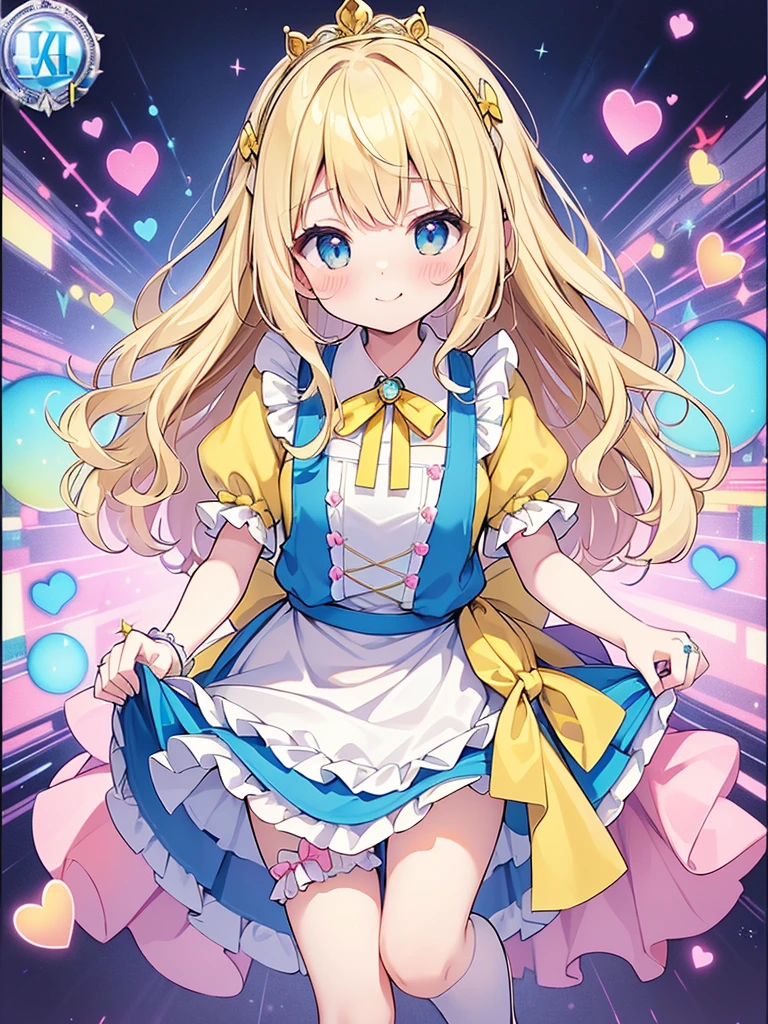 photo realistic, (masterpiece,best quality:1.4),(8k,raw photo,photo realistic:1.2),Not Safe for Work, detailed skin,detailed face,1girl,princess,Alice in Wonderland,cute face, super resolution,retro realistic details Illustration,,{{{elaborate,intricately,fantastic,delicately,tremendous,meticulous,minute,incredibly,obsessed,artisan's,subtle,virtuoso,skillful,vibrant, vivid, complex}}}, clearly focus edge, fresh natural gradation, best quality, amazing quality, very aesthetic, absurdres, pubisure, ((yellow, checkered, frilled, yellow layered, yellow mini skirt, overskirt)), ((White ruffle apron)), ((shiny wavy hair)), diadems, ankle boots, up-skirt, doress, (((jumping))), feet up, (yellow frilled shirt), yellow gothic dresses, shairband, shortsleeves, the bow hair, happy, ;p, medium bob, (blonde hair), ((wavy hair)), shimmering eyes, Blue eyes, ((yellow shairband)), (((Pink frilled Panties))), (((skirt-lift))), a smile, red blush, yellow Doress, Alice (Alice in Wonderland), (((cape))), White frilled legwear, ((yellow the Bow)), Puffy Sleeves, Bangss, shortsleeves, ((yellow bow ribbon)), long hair, (White frilled apron), (((tiara))), (((Holding a cute magic wand))). White frilled legwear, frilld, yellow gothic dresses,: q, ((Heart necklace)), ((ring)), masterpiece, top-quality, not safe for work, Little Girl, child, 14 yo, braided bangs, arm garter, baby face ,twinkle in the eye, flat chest, yumekawa,yumekawaii,pastel color,(wonderland:1.3),imagination, ((soap bubbles)), heart background, (water-color), ((Multicolored lights)), (Design sheet:1.3), (multi-angle and detailed view:1.3),