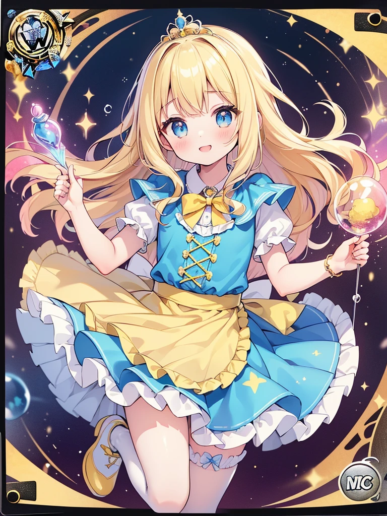 photo realistic, (masterpiece,best quality:1.4),(8k,raw photo,photo realistic:1.2),Not Safe for Work, detailed skin,detailed face,1girl,princess,Alice in Wonderland,cute face, super resolution,retro realistic details Illustration,,{{{elaborate,intricately,fantastic,delicately,tremendous,meticulous,minute,incredibly,obsessed,artisan's,subtle,virtuoso,skillful,vibrant, vivid, complex}}}, clearly focus edge, fresh natural gradation, best quality, amazing quality, very aesthetic, absurdres, pubisure, ((yellow, checkered, frilled, yellow layered, yellow mini skirt, overskirt)), ((White ruffle apron)), ((shiny wavy hair)), diadems, ankle boots, up-skirt, doress, (((jumping))), feet up, (yellow frilled shirt), yellow gothic dresses, shairband, shortsleeves, the bow hair, happy, ;p, medium bob, (blonde hair), ((wavy hair)), shimmering eyes, Blue eyes, ((yellow shairband)), (((Pink frilled Panties))), (((skirt-lift))), a smile, red blush, yellow Doress, Alice (Alice in Wonderland), (((cape))), White frilled legwear, ((yellow the Bow)), Puffy Sleeves, Bangss, shortsleeves, ((yellow bow ribbon)), long hair, (White frilled apron), (((tiara))), (((Holding a cute magic wand))). White frilled legwear, frilld, yellow gothic dresses,: q, ((Heart necklace)), ((ring)), masterpiece, top-quality, not safe for work, Little Girl, child, 14 yo, braided bangs, arm garter, baby face ,twinkle in the eye, flat chest, yumekawa,yumekawaii,pastel color,(wonderland:1.3),imagination, ((soap bubbles)), heart background, (water-color), ((Multicolored lights)), (((trading card))),