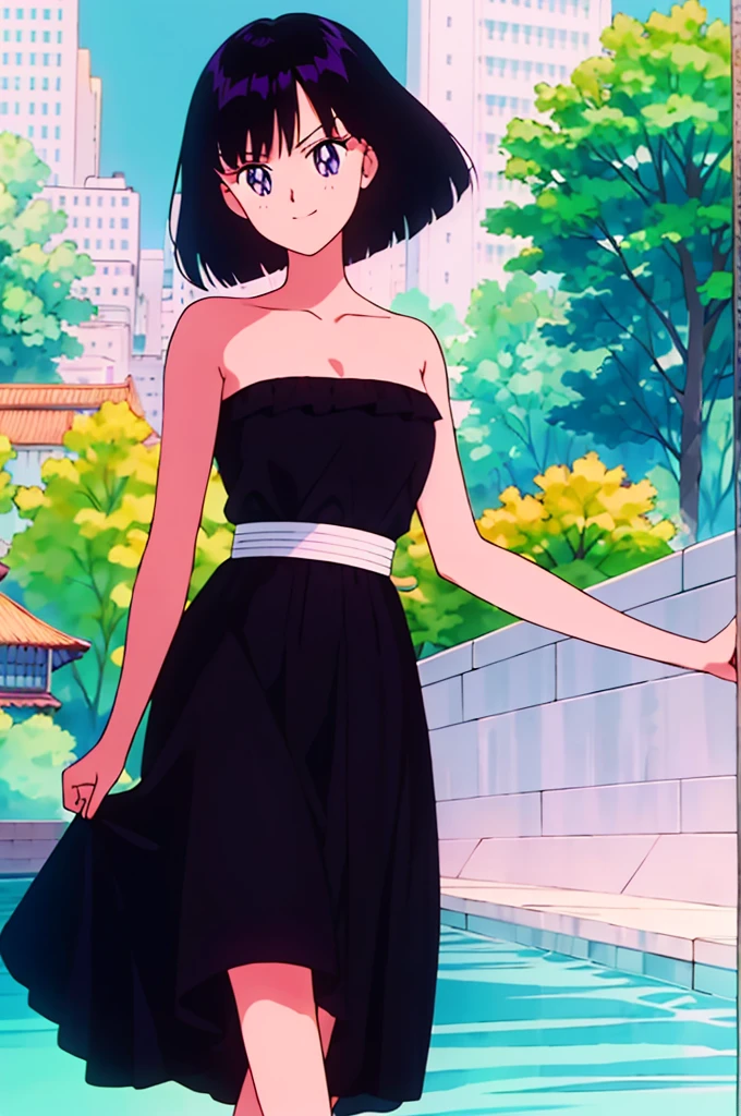 Best quality, masterpiece, ager, Hotaru Tomoe, Purple Eyes, short hair, Black Hair, Bob Hair, Bob Haircut, Smile, Bare Neck, Bare Arms, Bare Shoulders, Strapless, a flamenco dress, orange ruffle off-the-shoulder top, black maxi skirt, cleavage, seductive, Standing Up, holding skirt, sunny day, canals, Park Background, 1 girl, solo