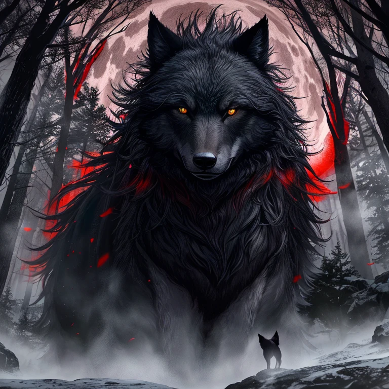 In the heart of the enchanted forest, there lies a towering figure of a Gigantic black mythical wolf. Its size dwarfs that of a mountain, casting an ominous shadow over the surrounding landscape. The wolf's dark red aura creates an ethereal glow, spreading an aura of mystery and intrigue. Its piercing red glowing eyes, emitting an eerie light, contribute to its mystifying presence. The wolf's immense form appears hyper-realistic, with every fiber of its coat contributing to the image's ultra-high definition and sharp focus. Its eyes are intricately detailed, with realistic reflections and deeply textured irises that draw the viewer in