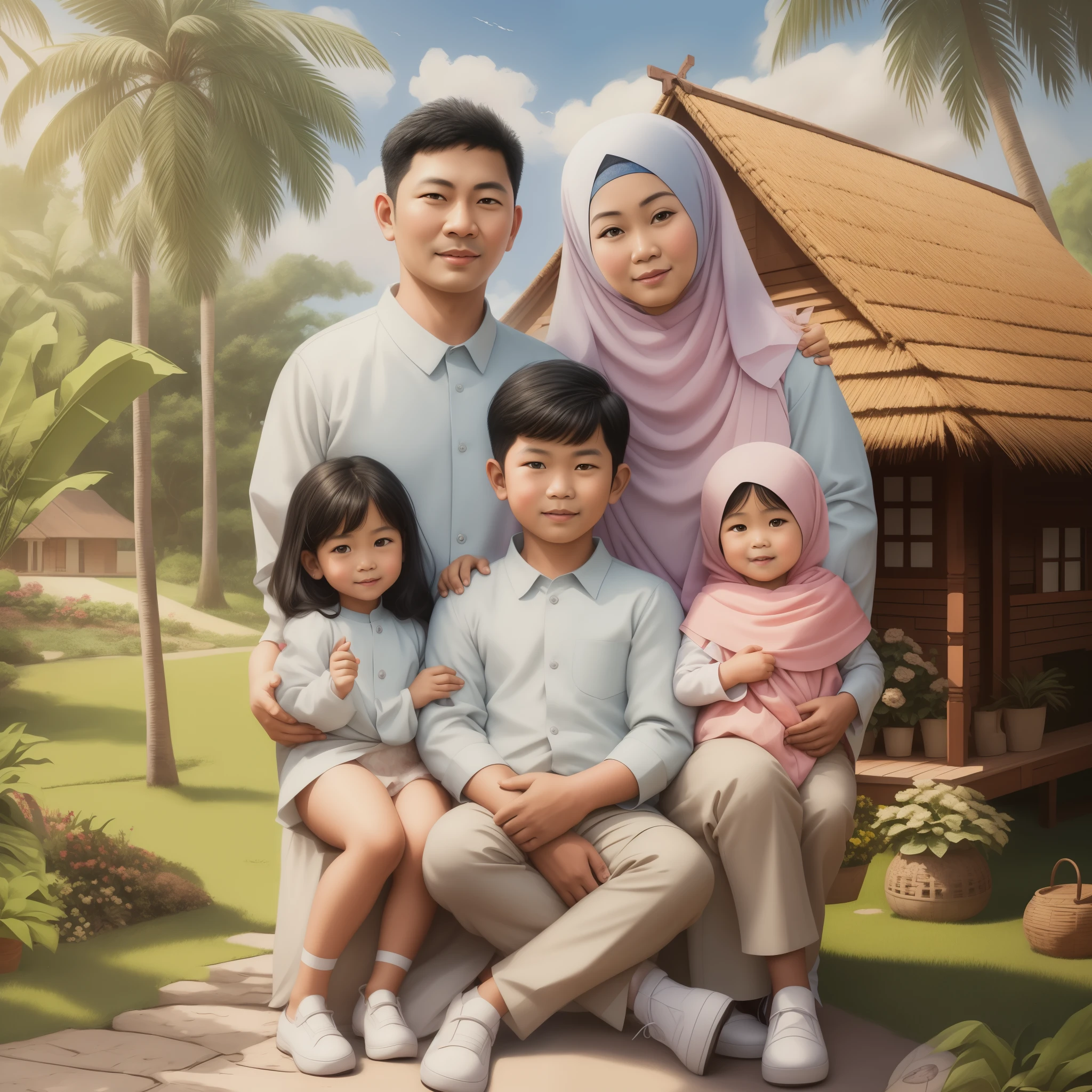 arafed family posing for a picture in front of a house, an indonesian family portrait, happy family, realism artstyle, family portrait, digital cartoon painting art, cartoon digital painting, cartoon digital art, barong family, digital art cartoon, cartoon style illustration, full protrait, potrait, realistic cartoon, photorealistic!!!!!!! art style,