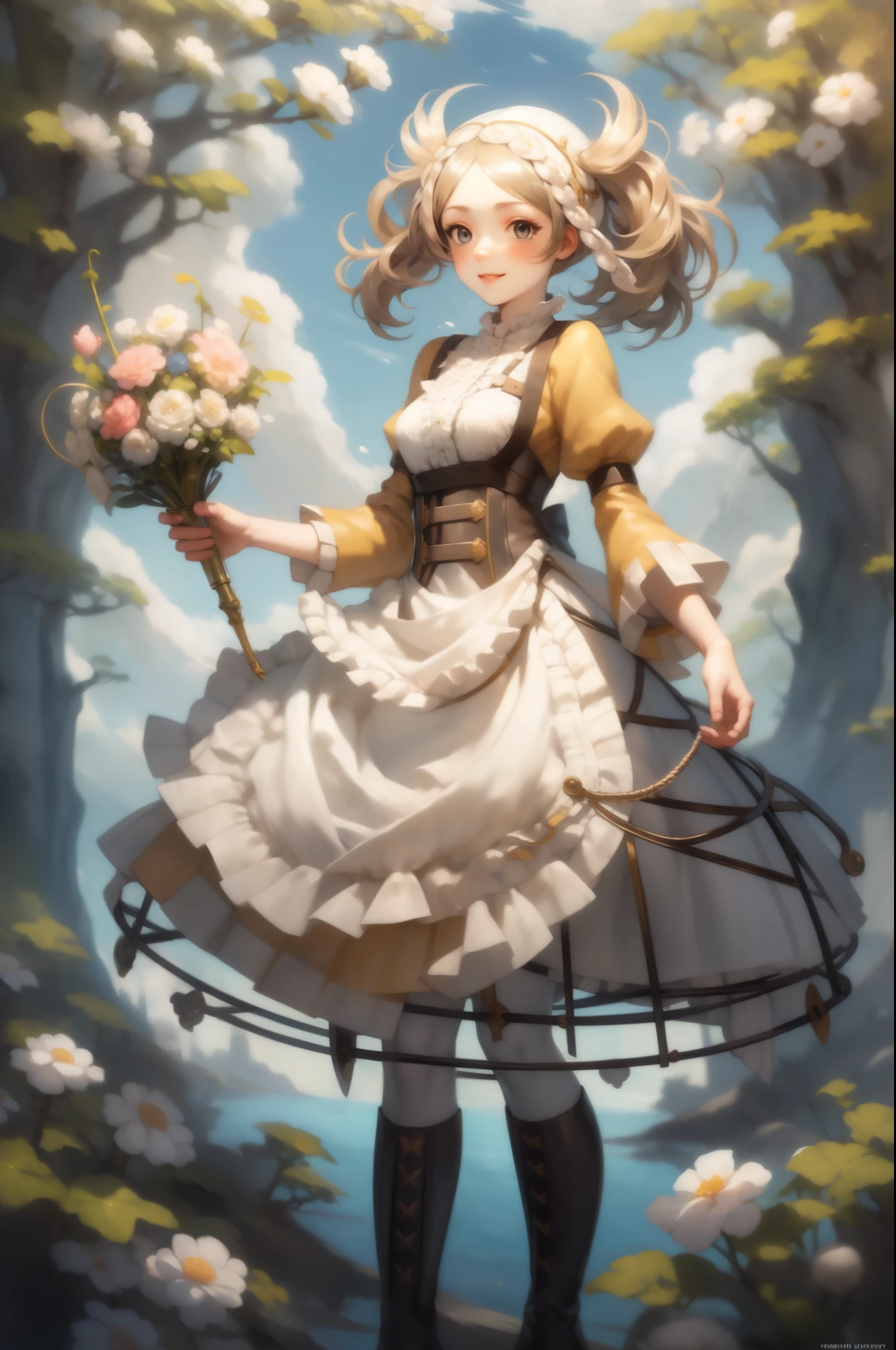 masterpiece, best quality, lissa, hair ornament, bonnet, frilled dress, white thighhighs, boots, standing, smile, white flowers, from side, hands at chest, trees, spring 